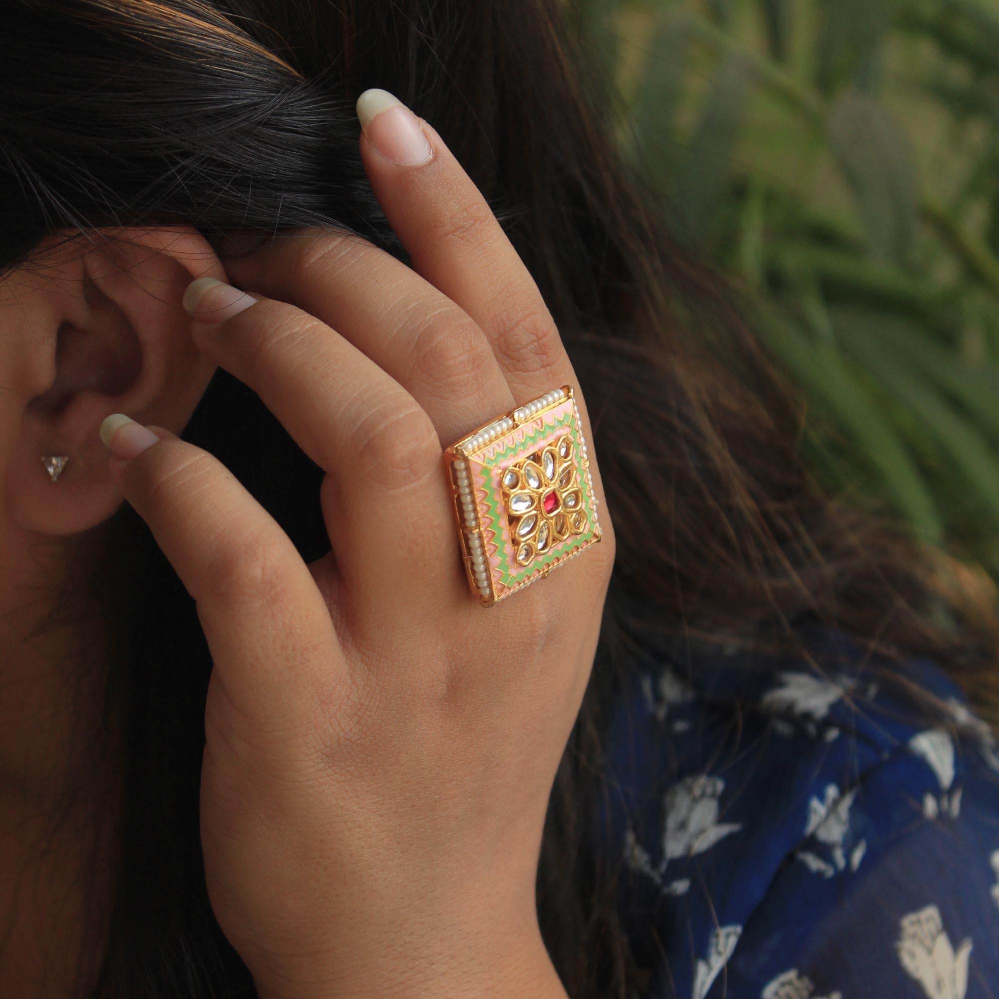 enamel colored kundan adjustable stylish ring