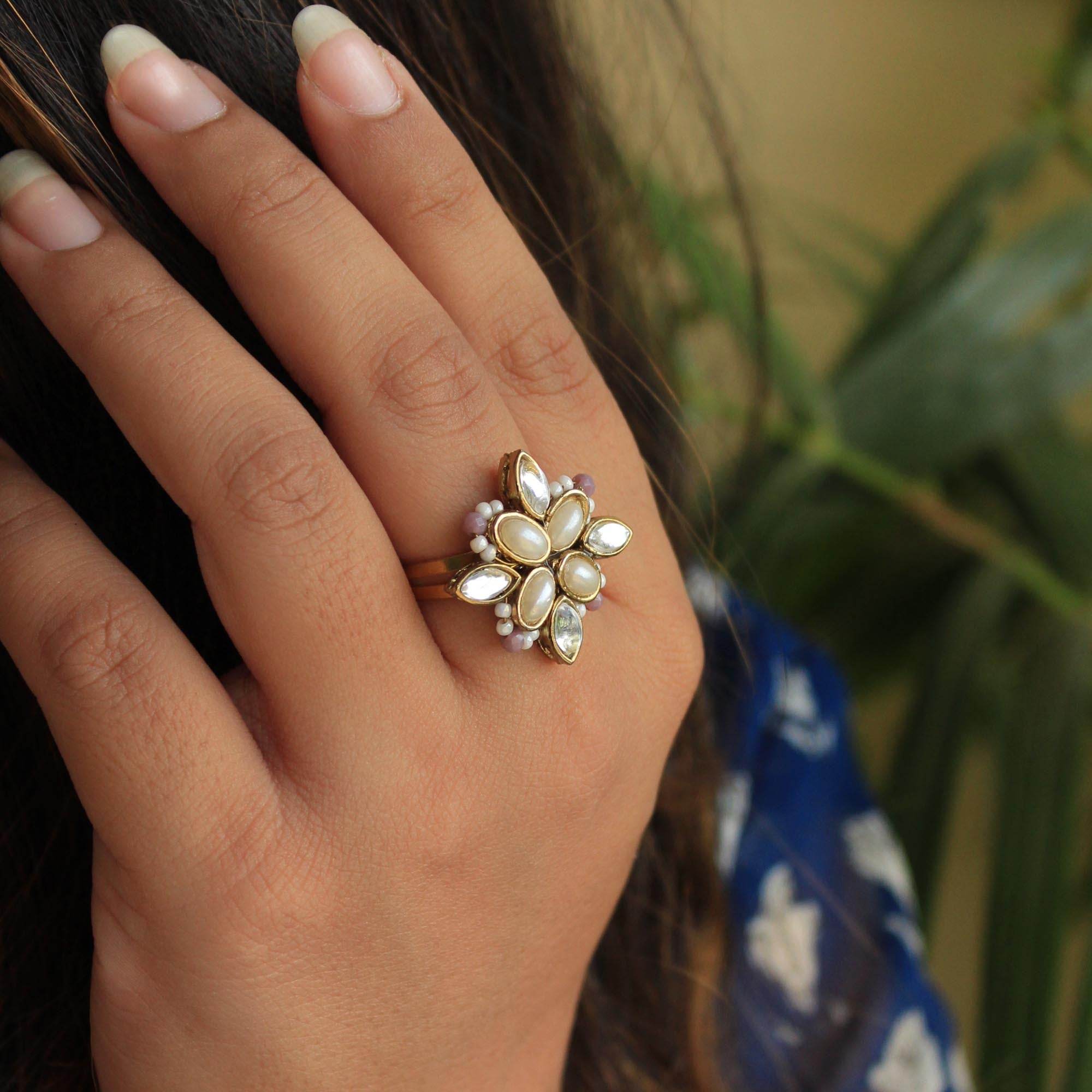 BeAbhika Handmade Artificial Jewelry Available On COD In India Heeramandi Style Jewelry Kundan Adjustable Ring White Pearls Kundan Traditional Statement Cocktail Ring Adjustable For Any Ring Size