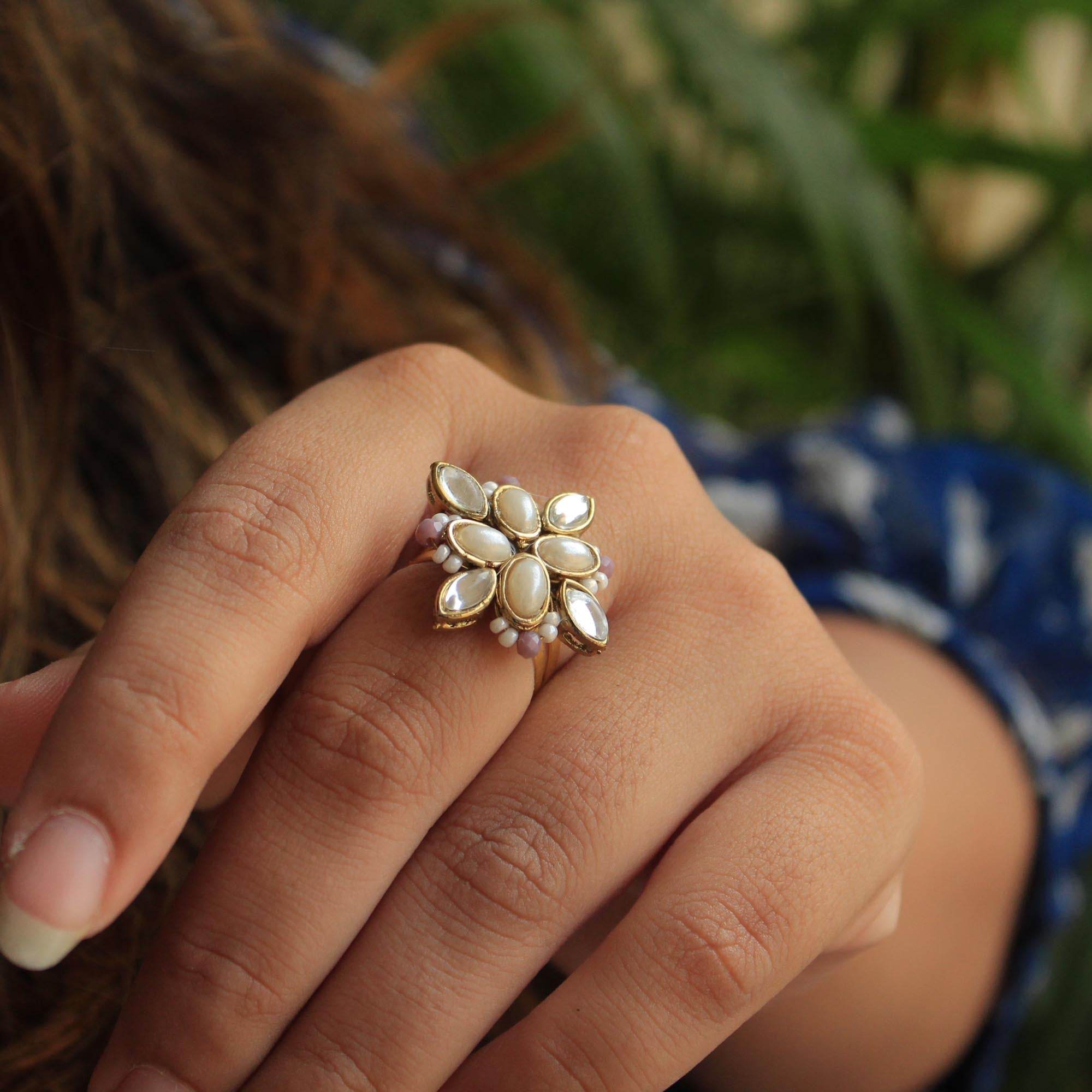 BeAbhika Handmade Artificial Jewelry Available On COD In India Heeramandi Style Jewelry Kundan Adjustable Ring White Pearls Kundan Traditional Statement Cocktail Ring Adjustable For Any Ring Size