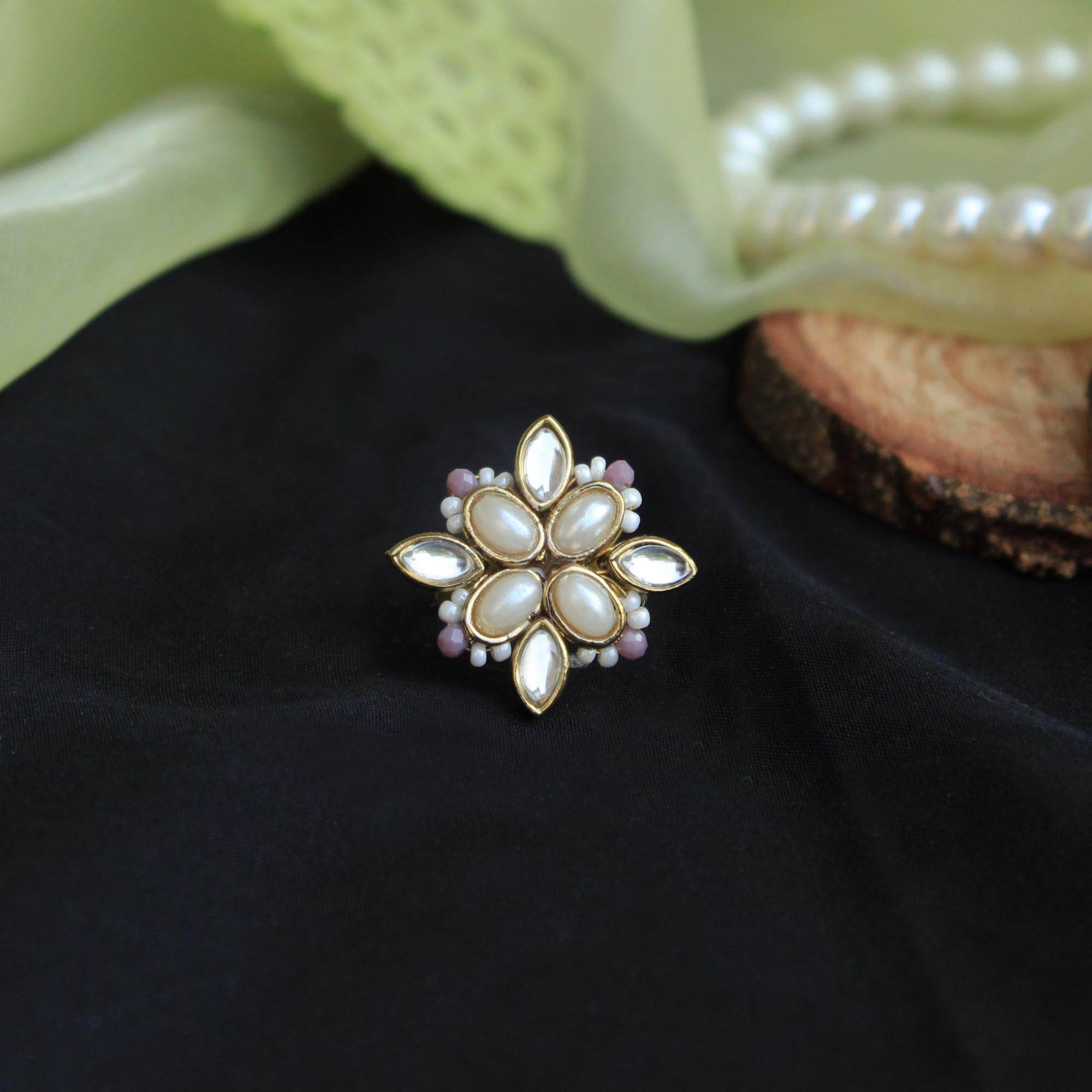 BeAbhika Handmade Artificial Jewelry Available On COD In India Heeramandi Style Jewelry Kundan Adjustable Ring White Pearls Kundan Traditional Statement Cocktail Ring Adjustable For Any Ring Size