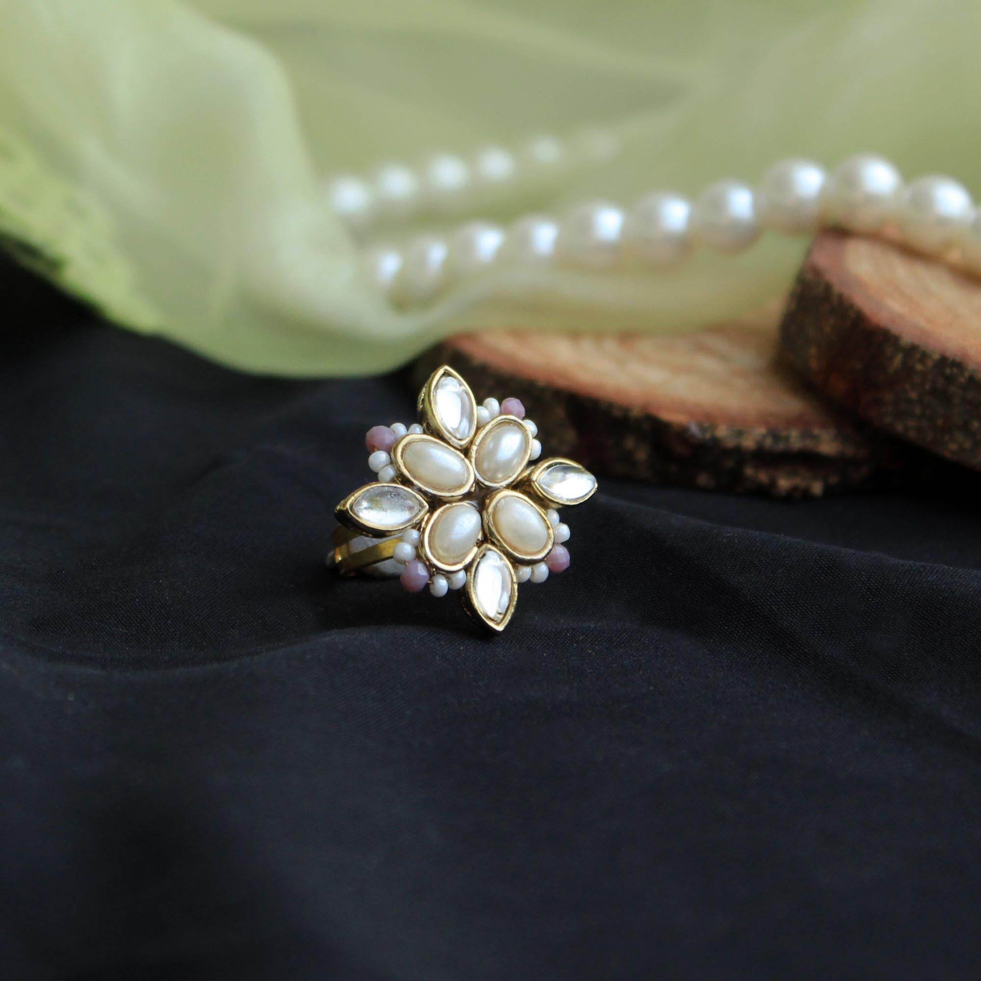 BeAbhika Handmade Artificial Jewelry Available On COD In India Heeramandi Style Jewelry Kundan Adjustable Ring White Pearls Kundan Traditional Statement Cocktail Ring Adjustable For Any Ring Size