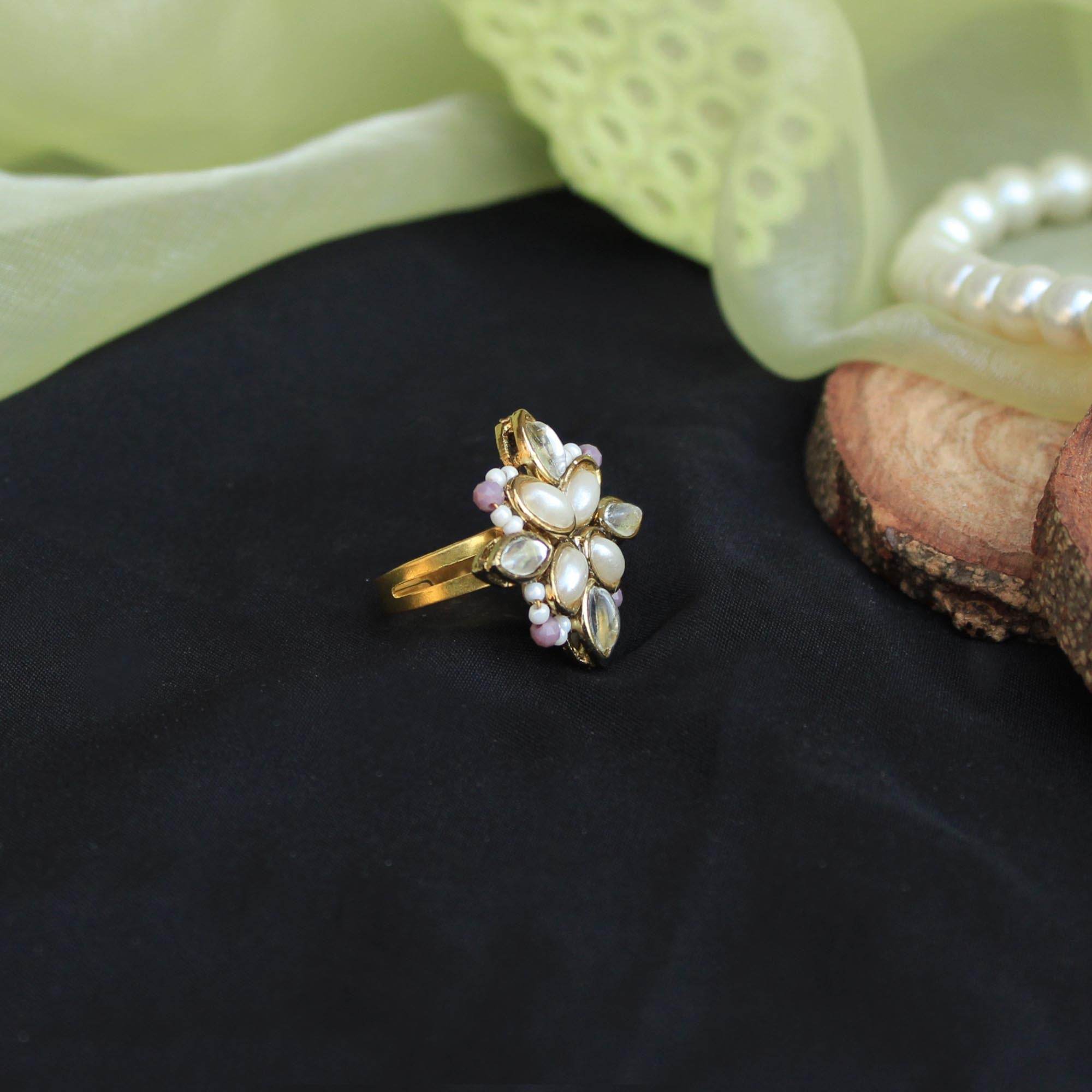 BeAbhika Handmade Artificial Jewelry Available On COD In India Heeramandi Style Jewelry Kundan Adjustable Ring White Pearls Kundan Traditional Statement Cocktail Ring Adjustable For Any Ring Size
