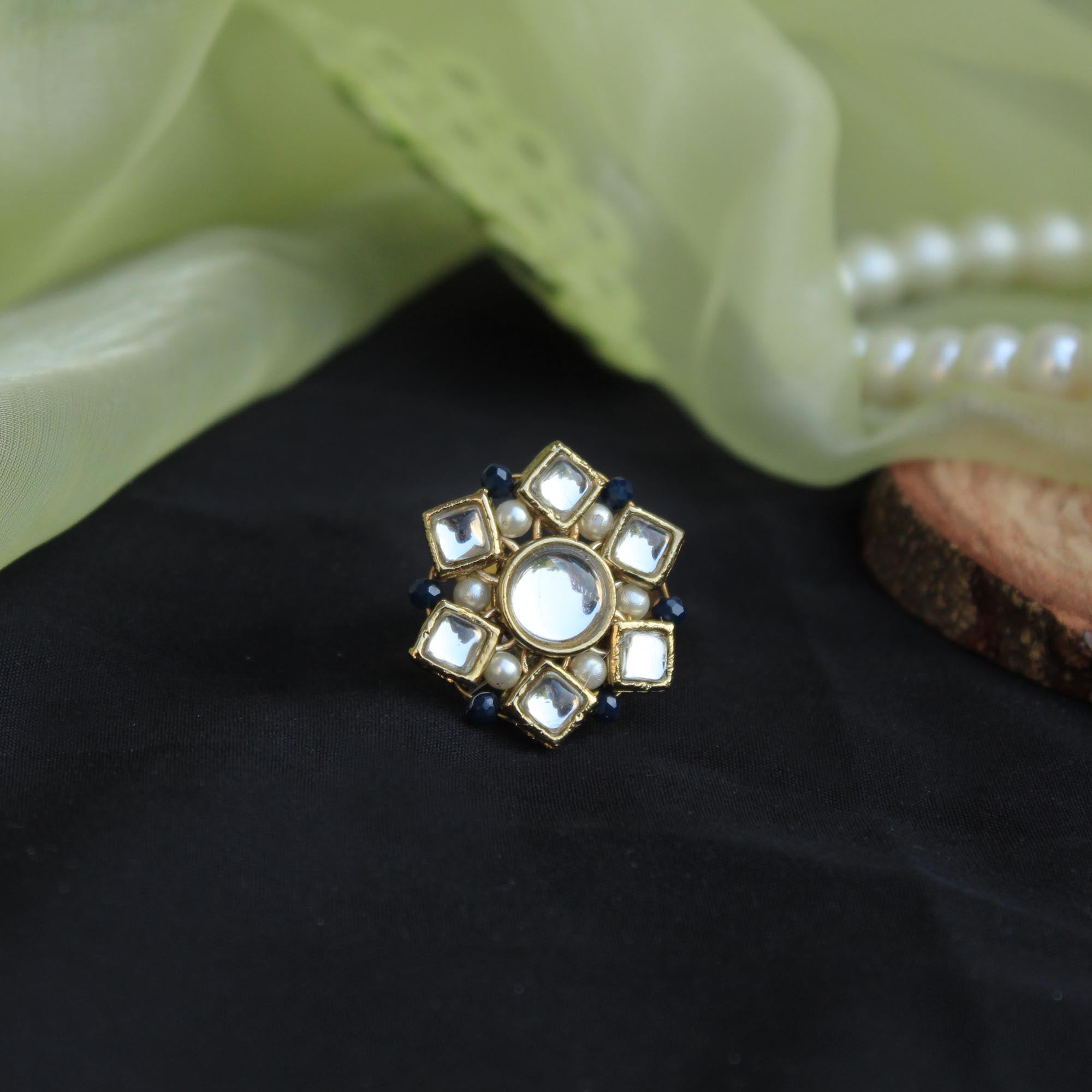 white glass kundan faux pearls adjustable ring