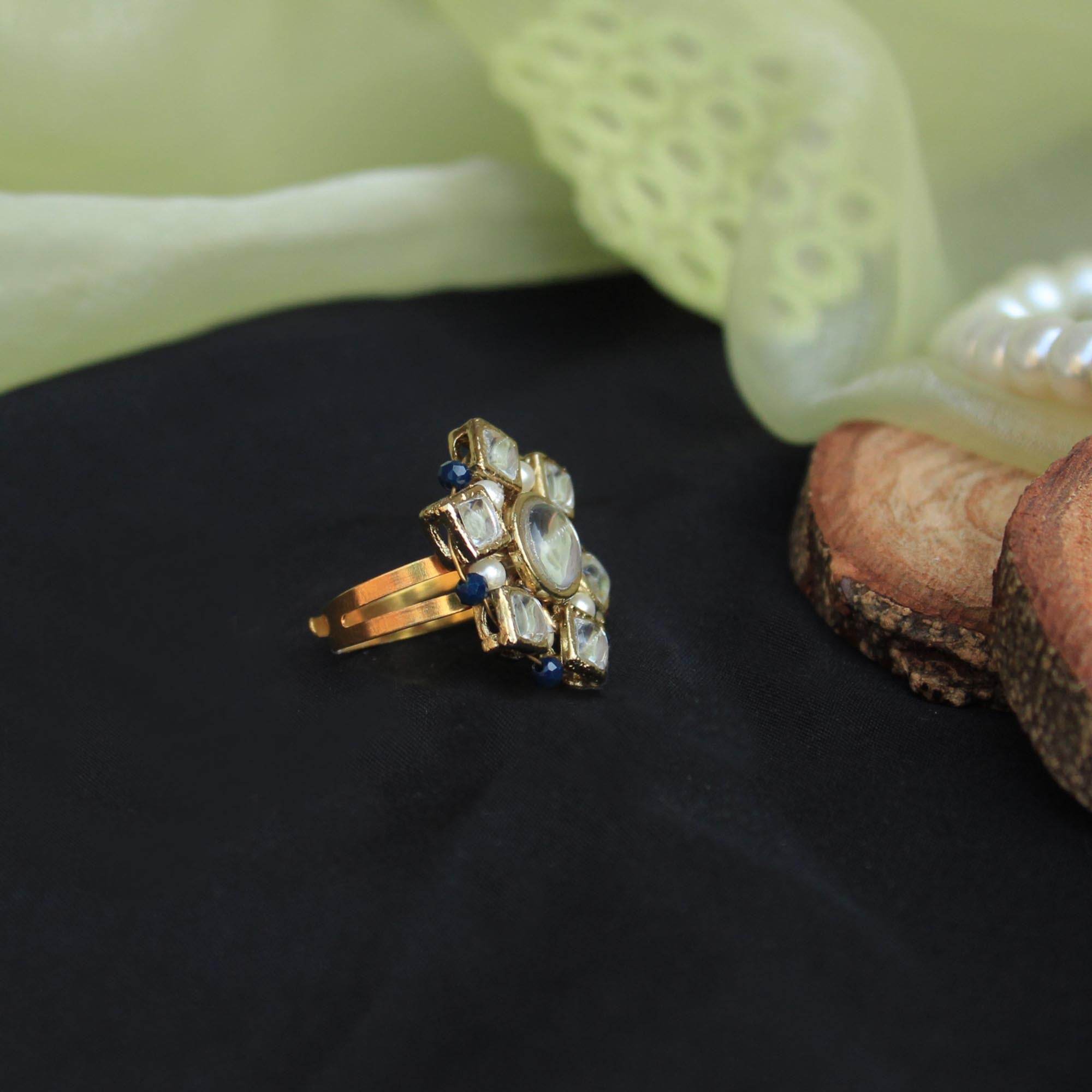 white glass kundan faux pearls adjustable ring