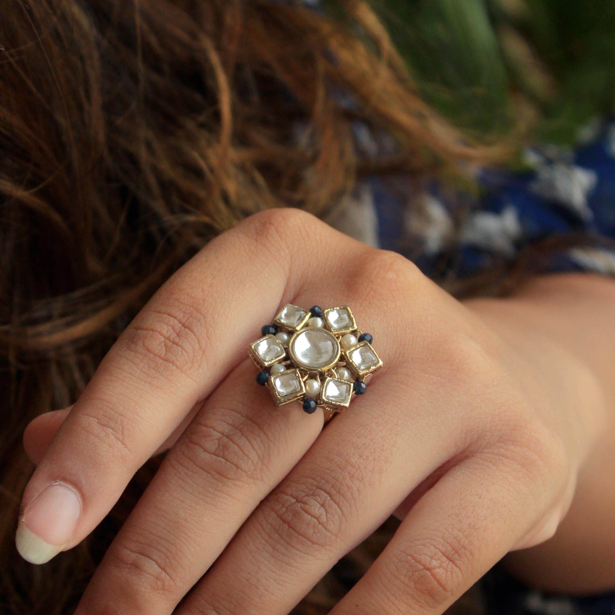 white glass kundan faux pearls adjustable ring