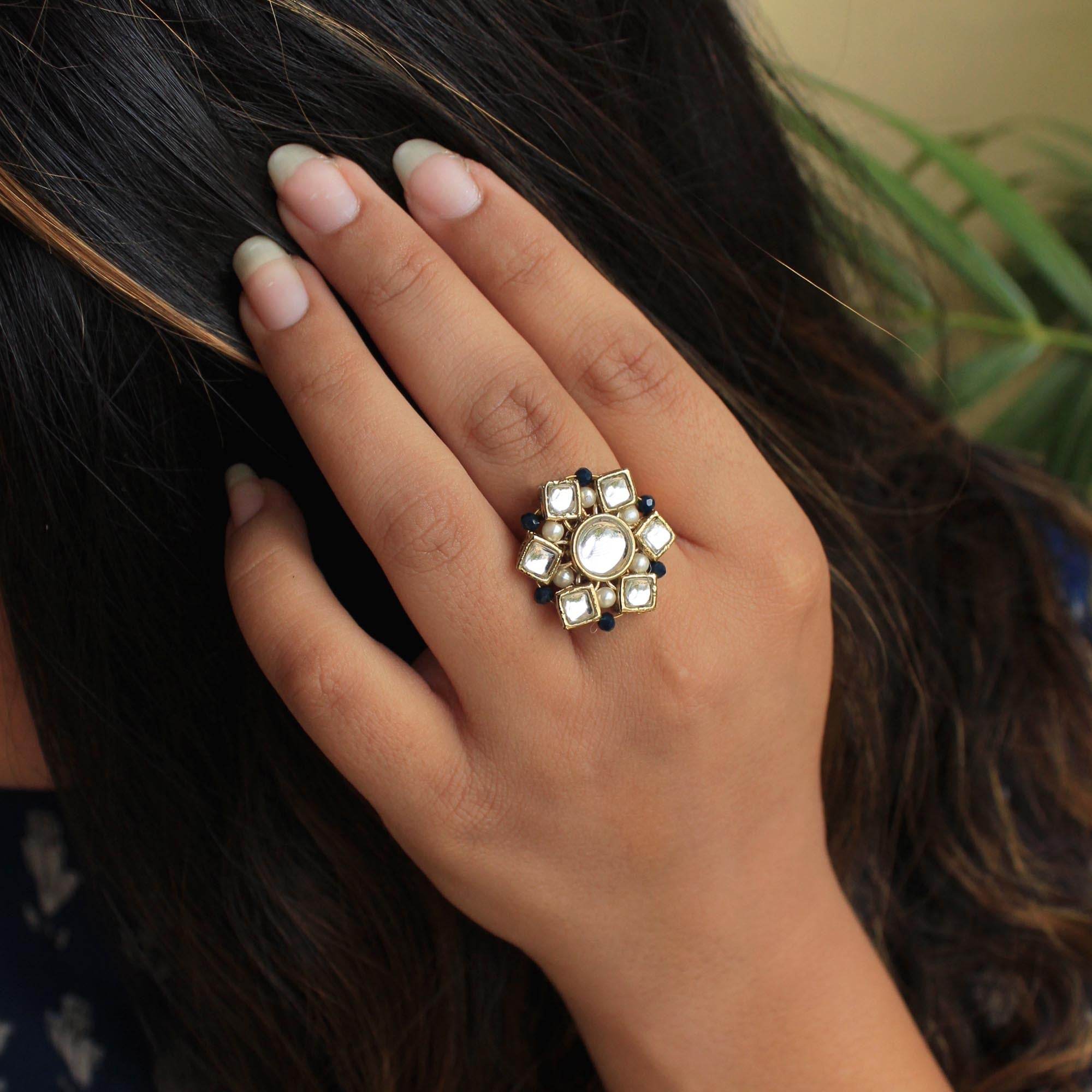 white glass kundan faux pearls adjustable ring