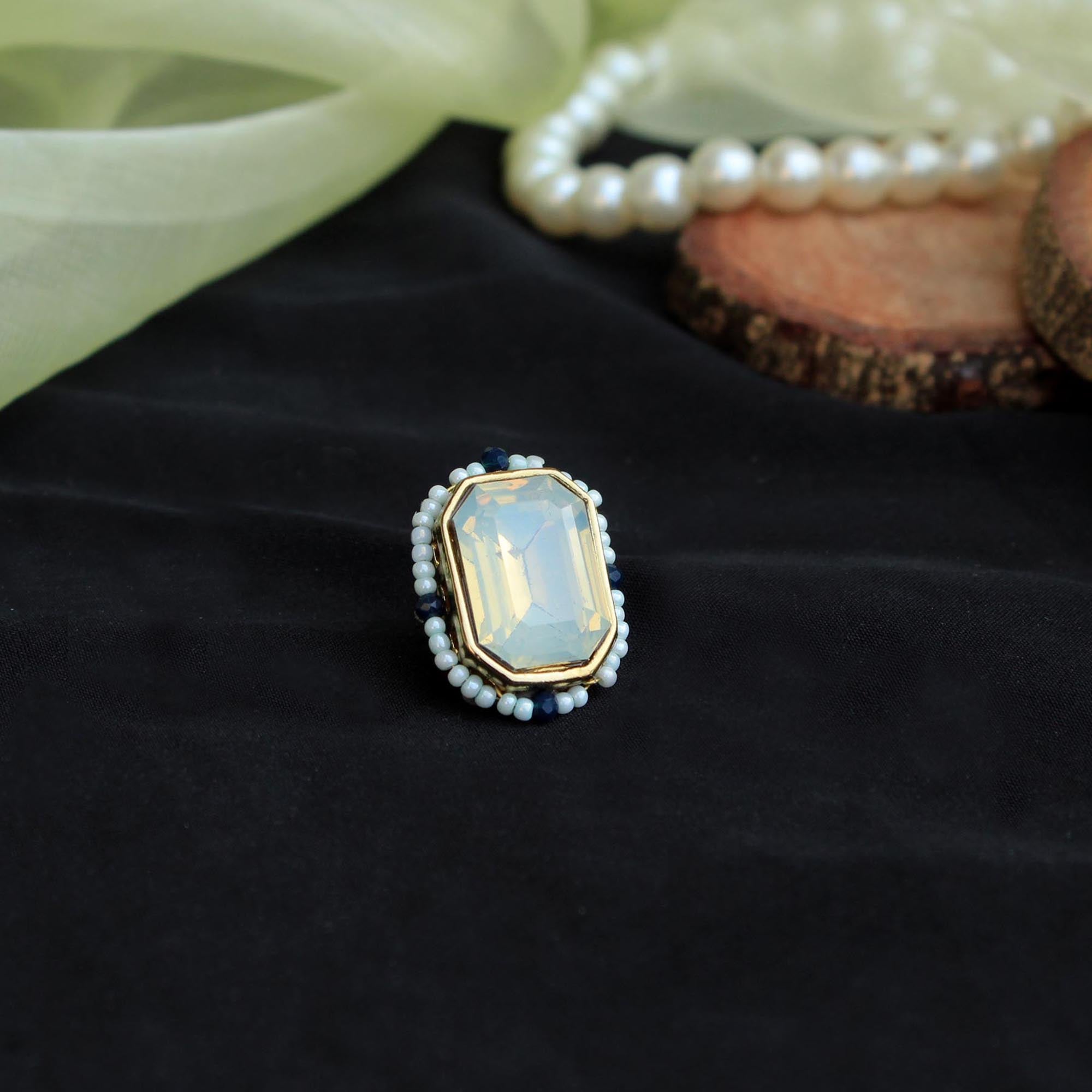 Glass colored kundan White pearls adjustable ring