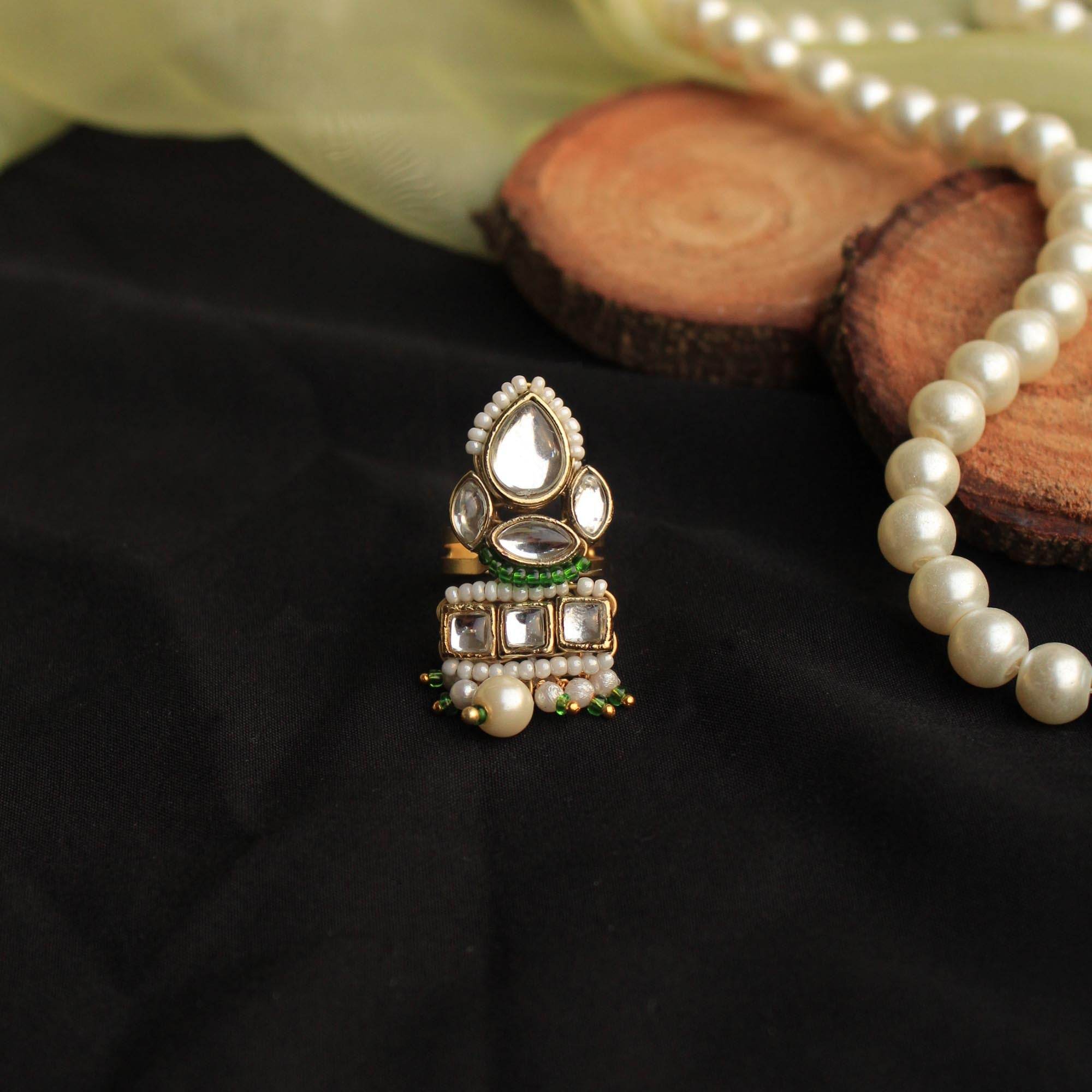 Beabhika Handmade Artificial Jewelry Gold Tone Adjsutable Kundan Ring Green Kundan Rings Daily Wear Part Wear Traditional Kundan Jewelry Statement Small Fashion Ring Cocktail Ring Set White Kundan Ring Available On COD In India Delhi Traditional Heeramandi Style Jewelry