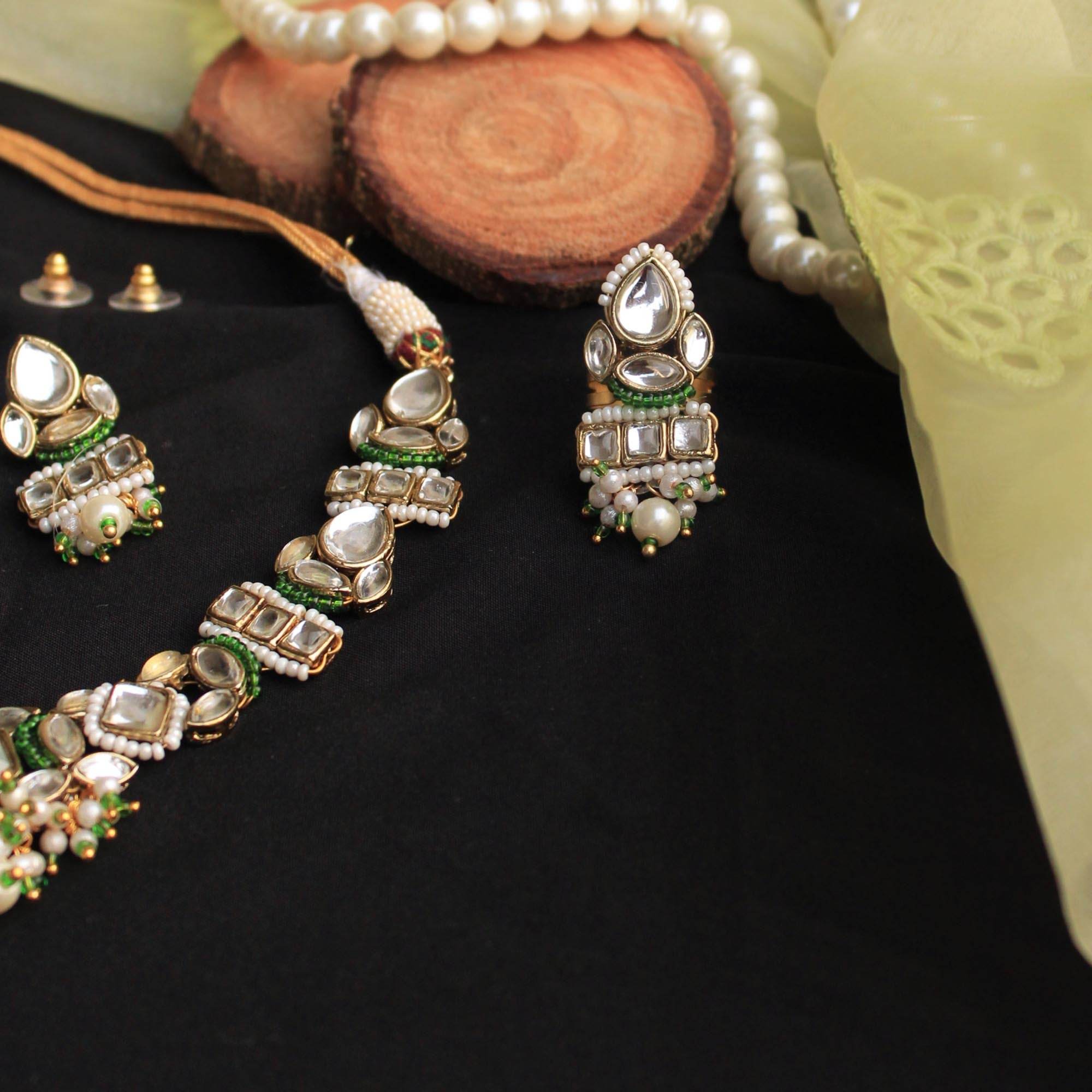 Beabhika Handmade Artificial Jewelry Gold Tone Adjsutable Kundan Ring Green Kundan Rings Daily Wear Part Wear Traditional Kundan Jewelry Statement Small Fashion Ring Cocktail Ring Set White Kundan Ring Available On COD In India Delhi Traditional Heeramandi Style Jewelry