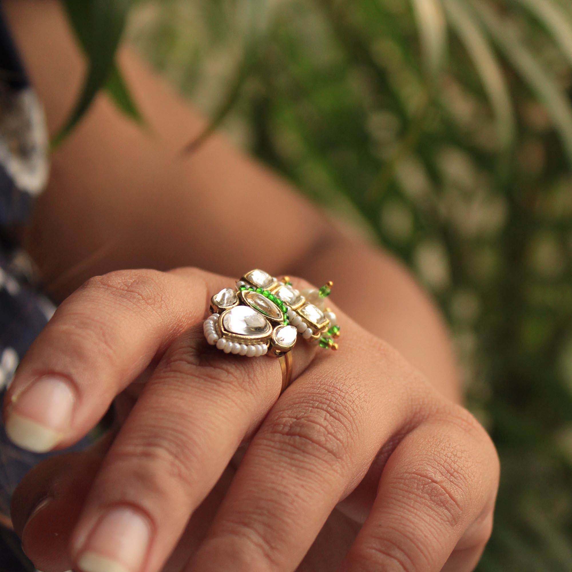 Beabhika Handmade Artificial Jewelry Gold Tone Adjsutable Kundan Ring Green Kundan Rings Daily Wear Part Wear Traditional Kundan Jewelry Statement Small Fashion Ring Cocktail Ring Set White Kundan Ring Available On COD In India Delhi Traditional Heeramandi Style Jewelry