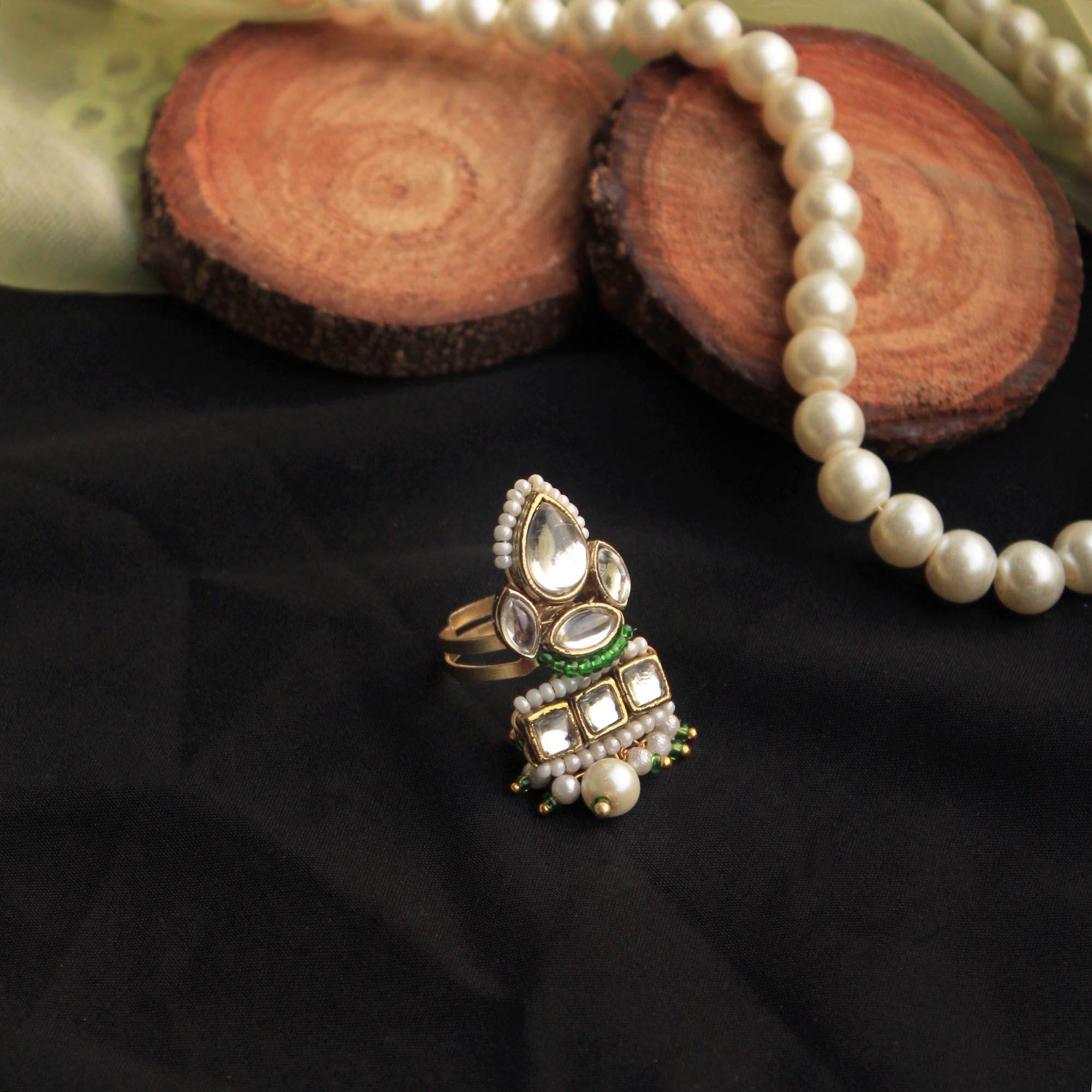 Beabhika Handmade Artificial Jewelry Gold Tone Adjsutable Kundan Ring Green Kundan Rings Daily Wear Part Wear Traditional Kundan Jewelry Statement Small Fashion Ring Cocktail Ring Set White Kundan Ring Available On COD In India Delhi Traditional Heeramandi Style Jewelry