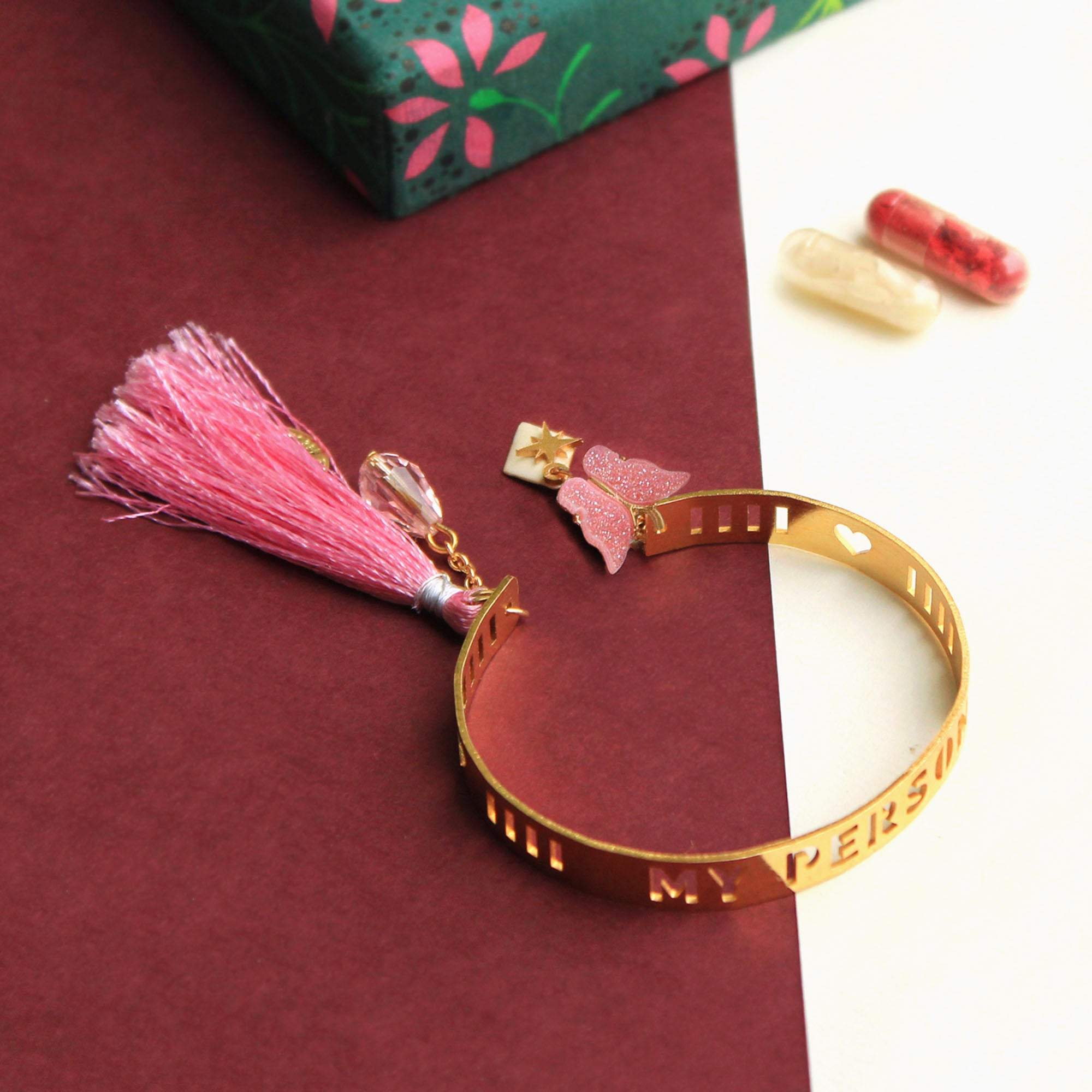 BeAbhika Designer Gold Tone Pink Butterfly Bhabhi Lumba Bracelet Sister Rakhi Send Rakhi To Brother Bhabhi Daily Wear Bracelet Lumba For Sister In Law Send Rakhi In India Available At Best Price COD Available Express Quick Shipping Bhabhi Rakhi
