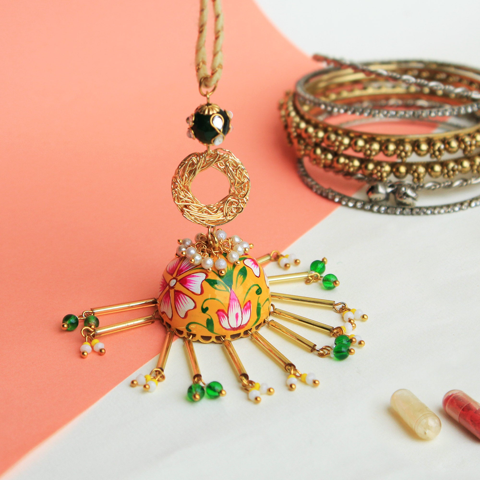 Yellow Handpainted Jhumki Lumba
