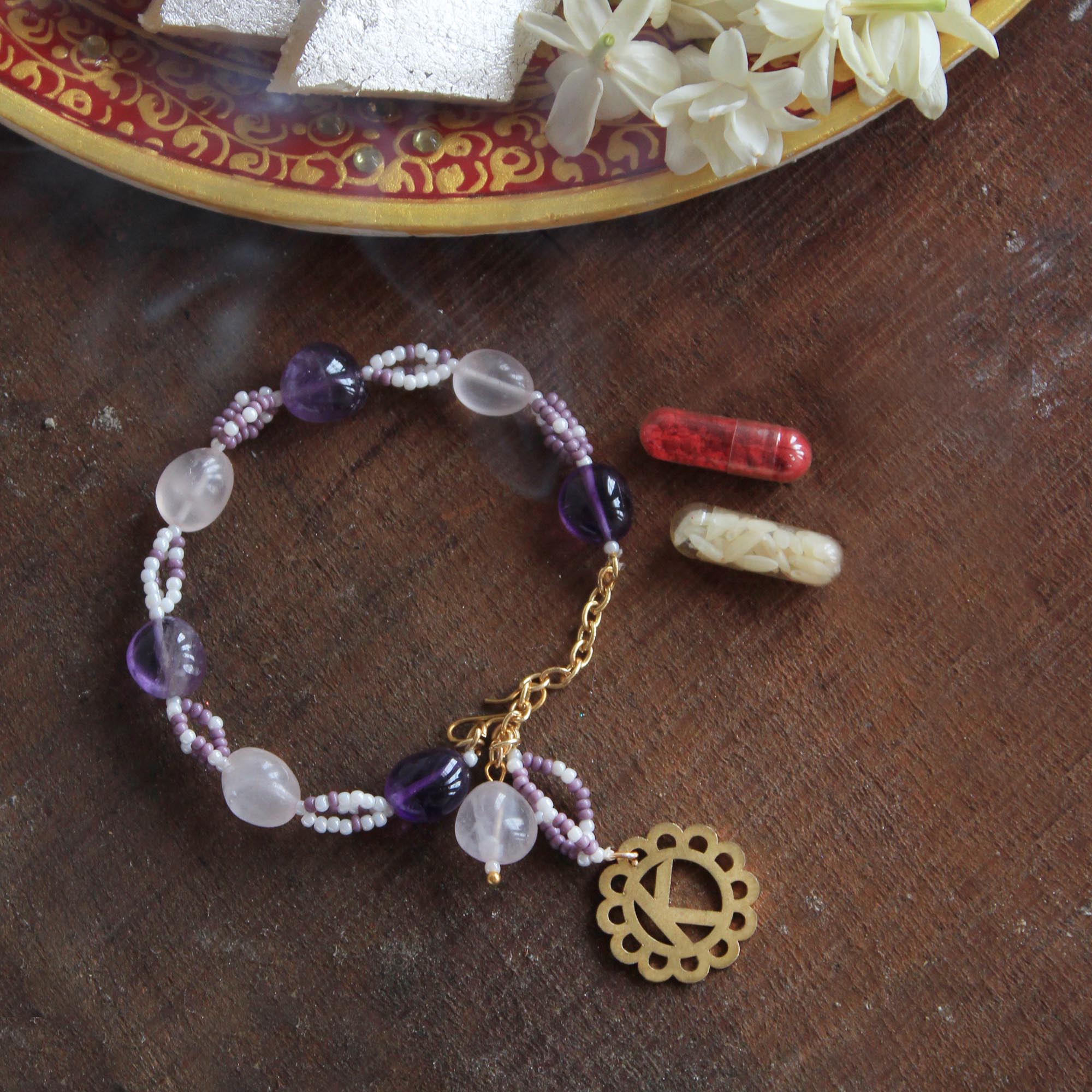 BeAbhika Amaethyst Natural Stones Bracelet Style Lumba Bhabhi Rakhi Designer Unique Personalised Name Initial Lumba For Sister In Law Available In India Online Best Price Send Rakhi To Bhai COD Express Shipping Cusomisation Rakhi Lumba