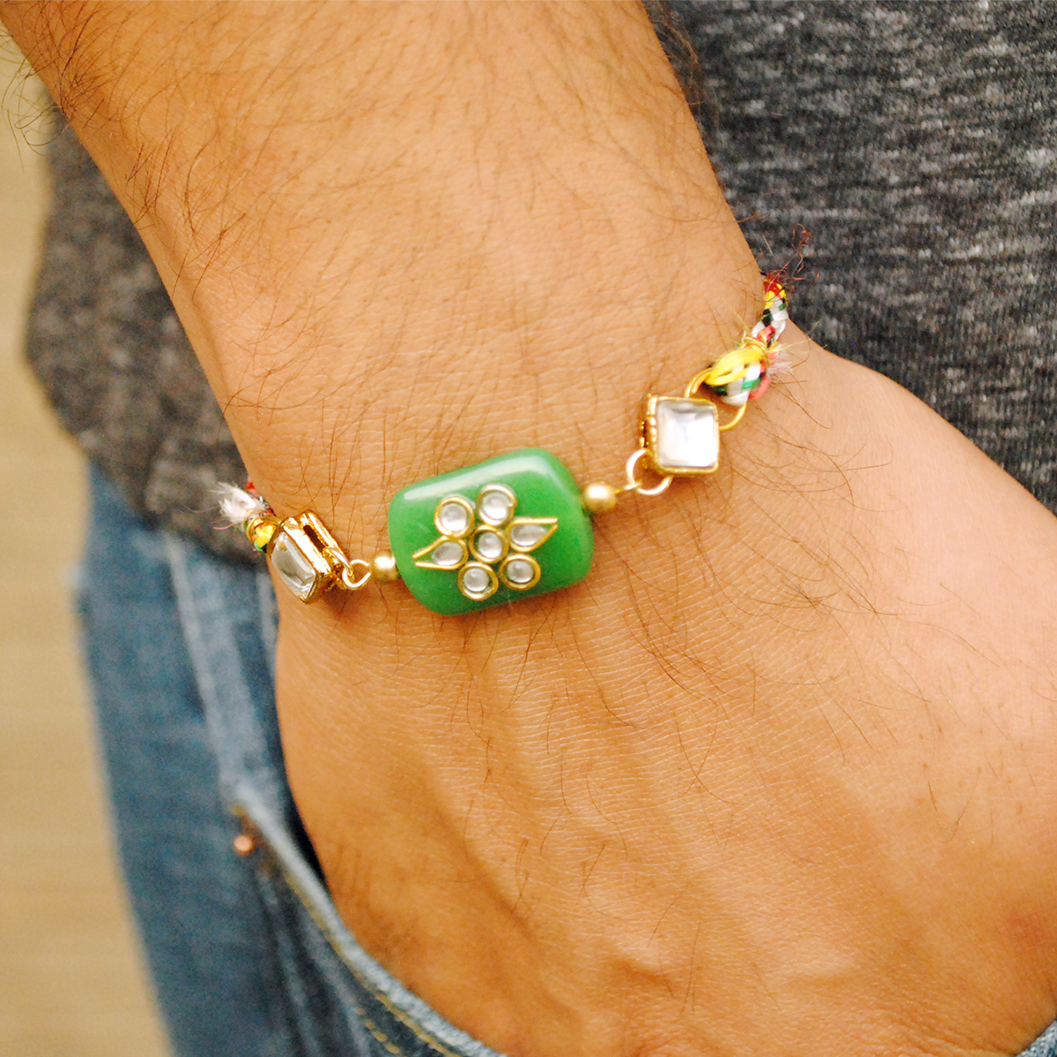 Green Kundan Knot Rakhi And Bhabhi Lumba Combo