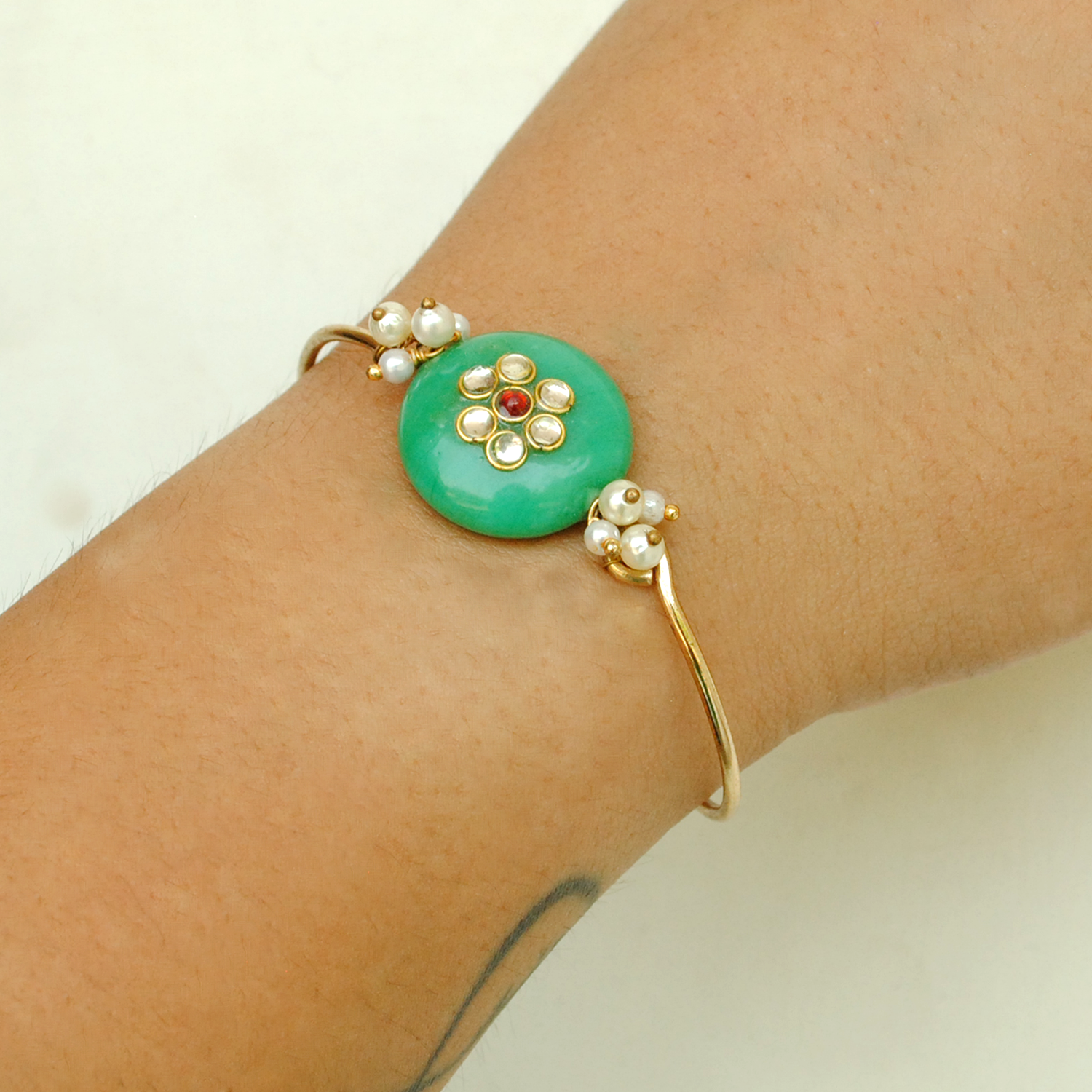 Green Kundan Knot Rakhi And Bhabhi Lumba Combo