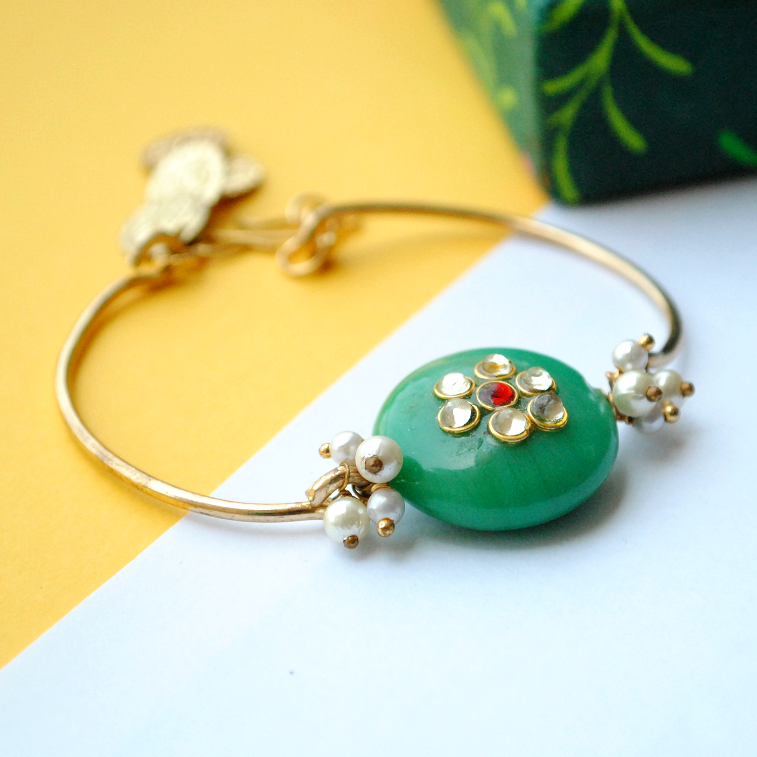 Green Kundan Knot Rakhi And Bhabhi Lumba Combo