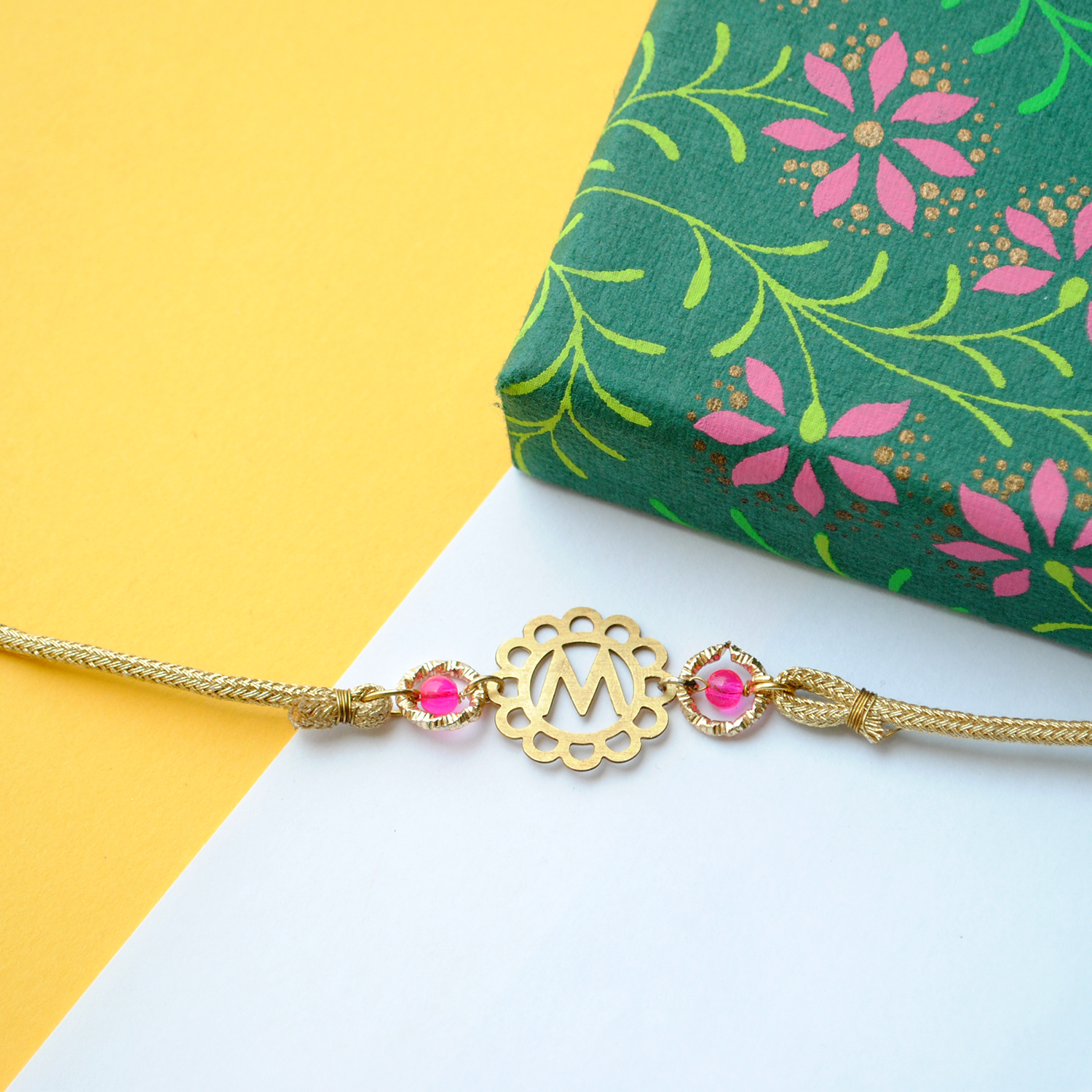 Floral Initial With Pink Tassel Rakhi And Bhabhi Lumba Combo