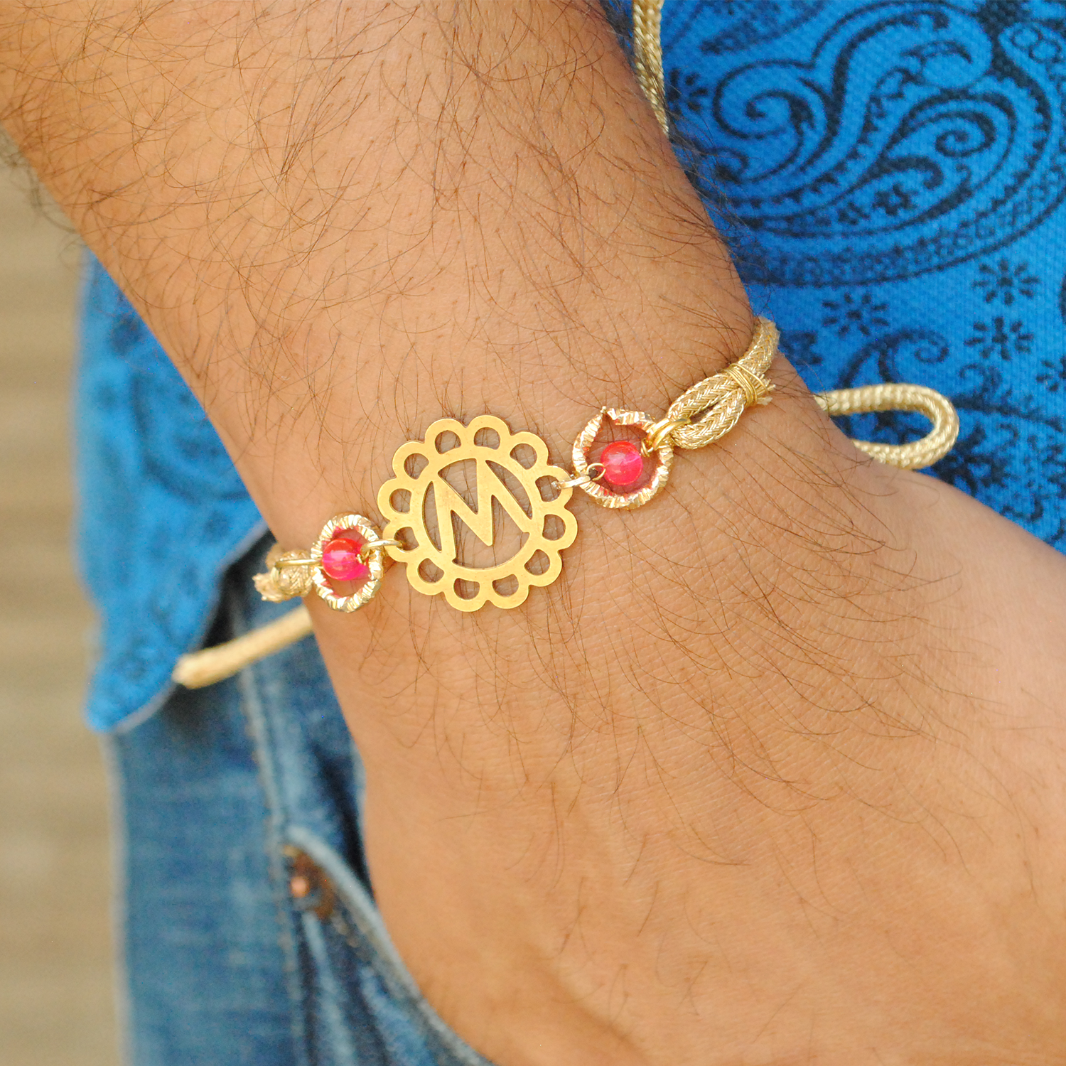 Floral Initial With Pink Tassel Rakhi And Bhabhi Lumba Combo