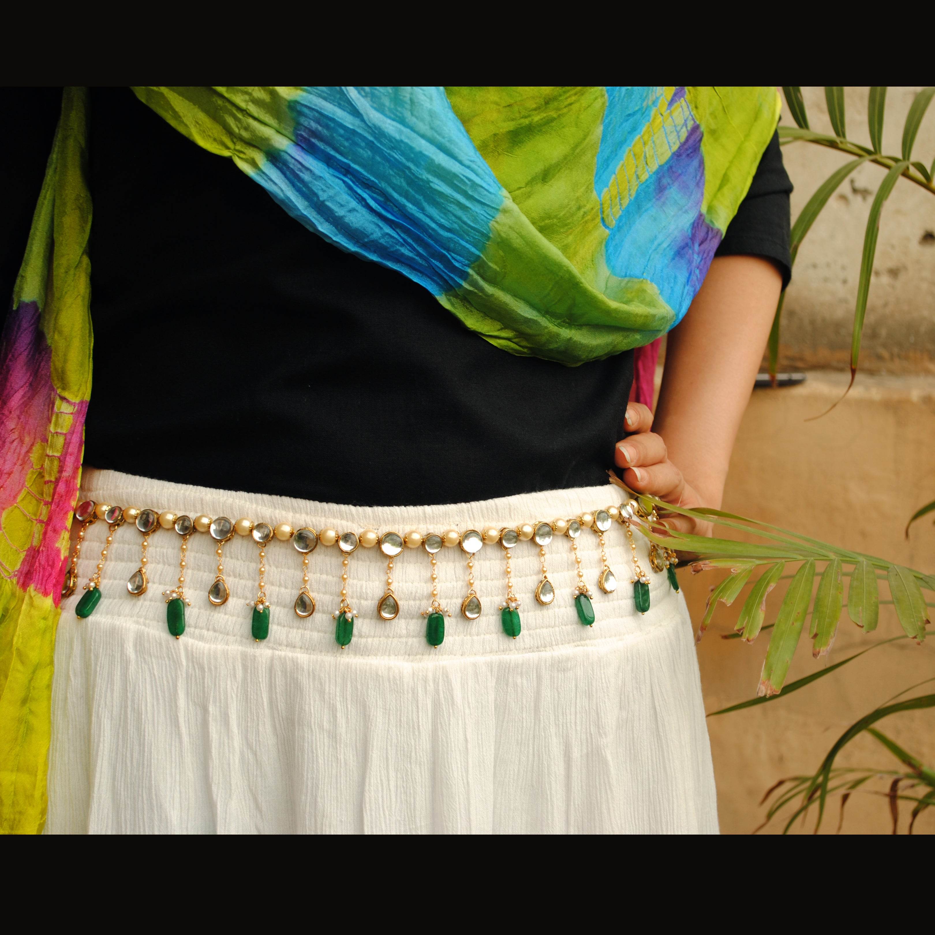 Kundan & Pearl Green Beads Kamar Bandh - BeAbhika.com