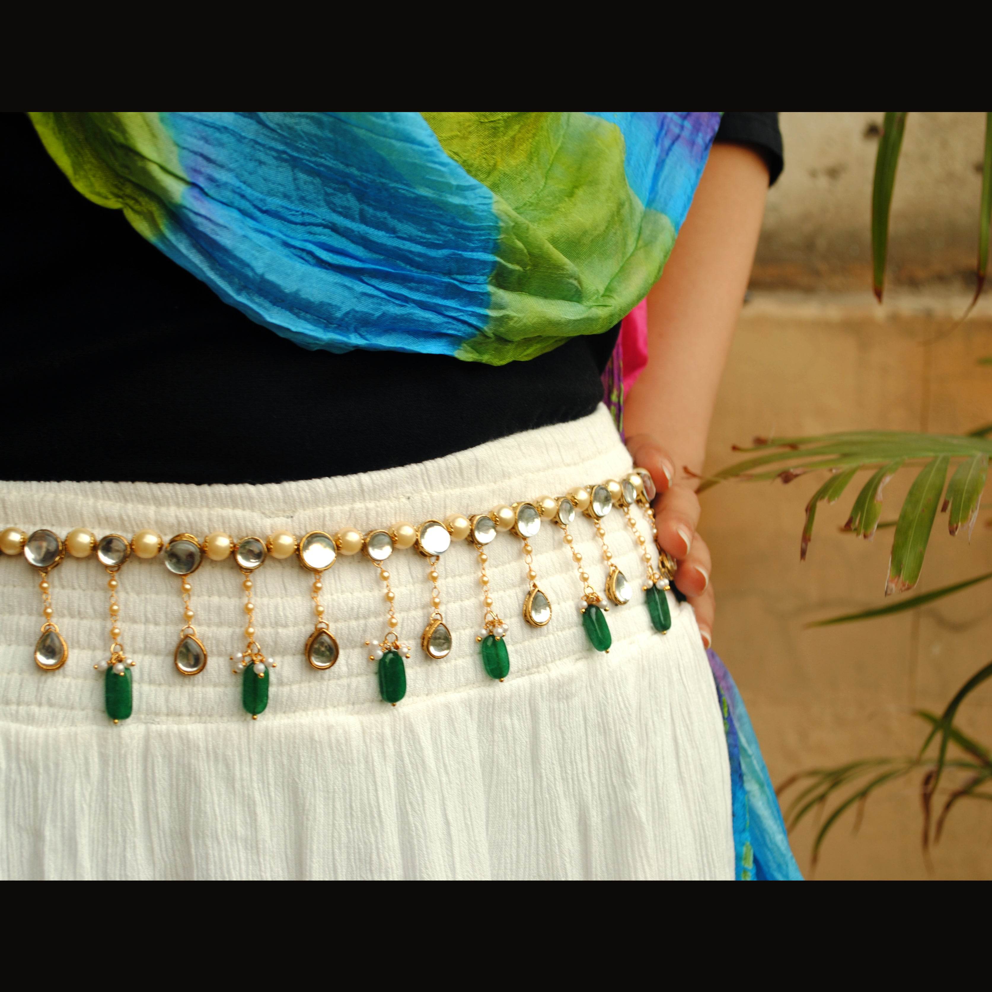 Kundan & Pearl Green Beads Kamar Bandh - BeAbhika.com