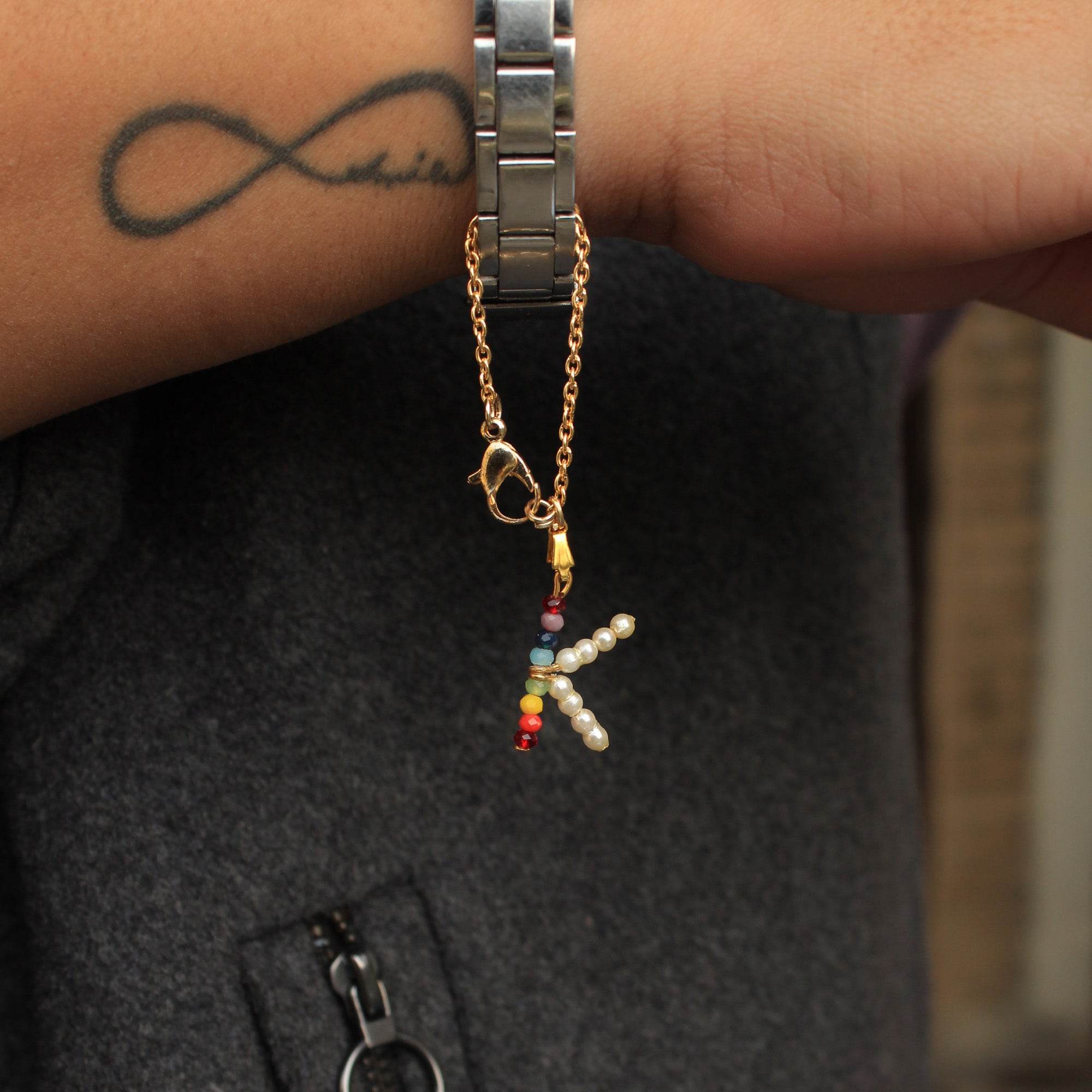 white pearls, golden laser cut & mixed alloy. Beabhika Watch Charm Personalised Initial Charm Customised Charm Bag Charm Key Ring Colorful RainbowCharm Online Cash On Delivery