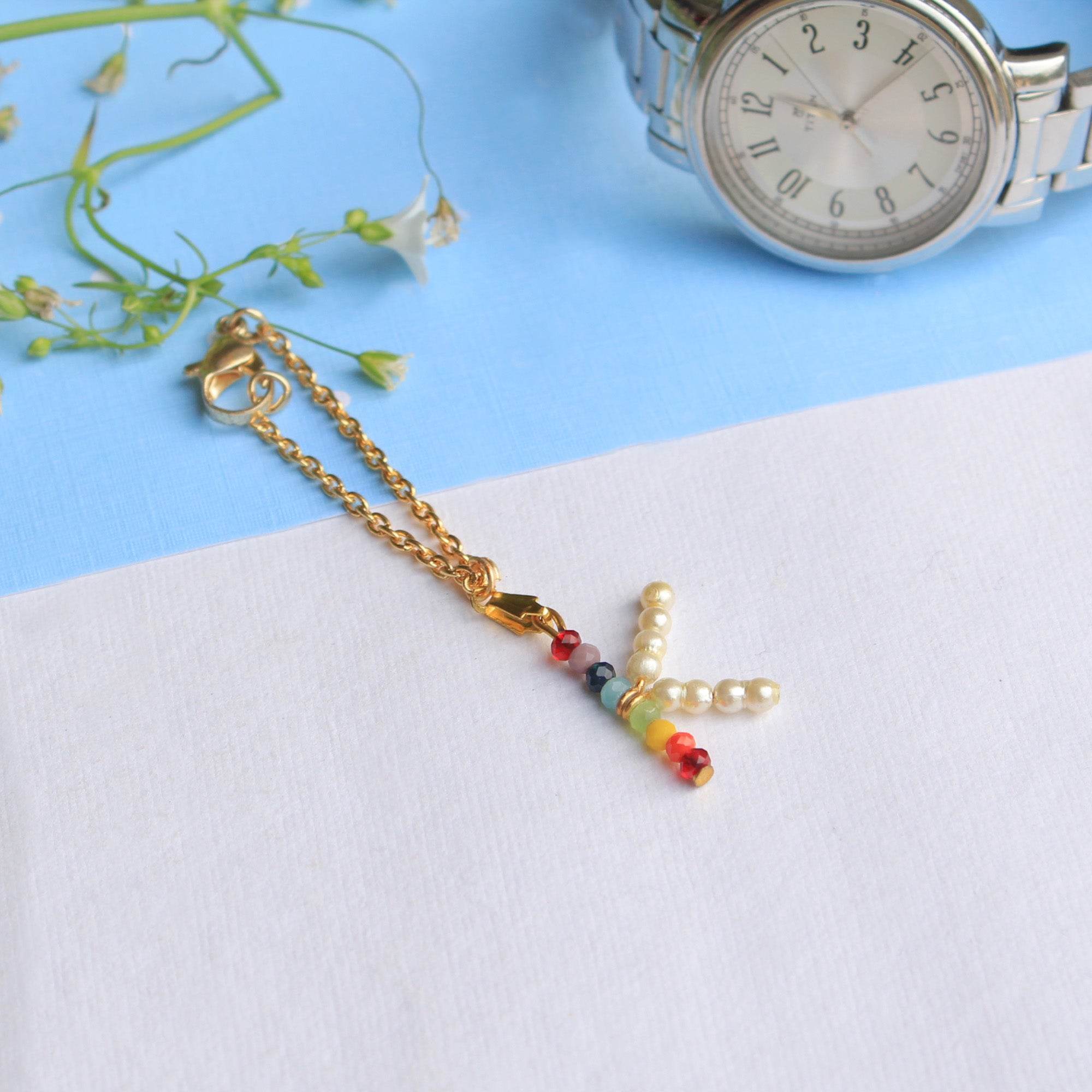 white pearls, golden laser cut & mixed alloy. Beabhika Watch Charm Personalised Initial Charm Customised Charm Bag Charm Key Ring Colorful RainbowCharm Online Cash On Delivery