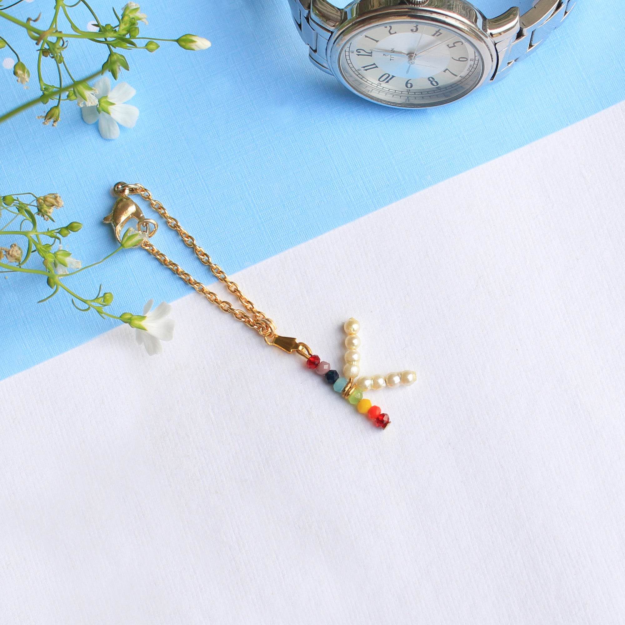 white pearls, golden laser cut & mixed alloy. Beabhika Watch Charm Personalised Initial Charm Customised Charm Bag Charm Key Ring Colorful RainbowCharm Online Cash On Delivery