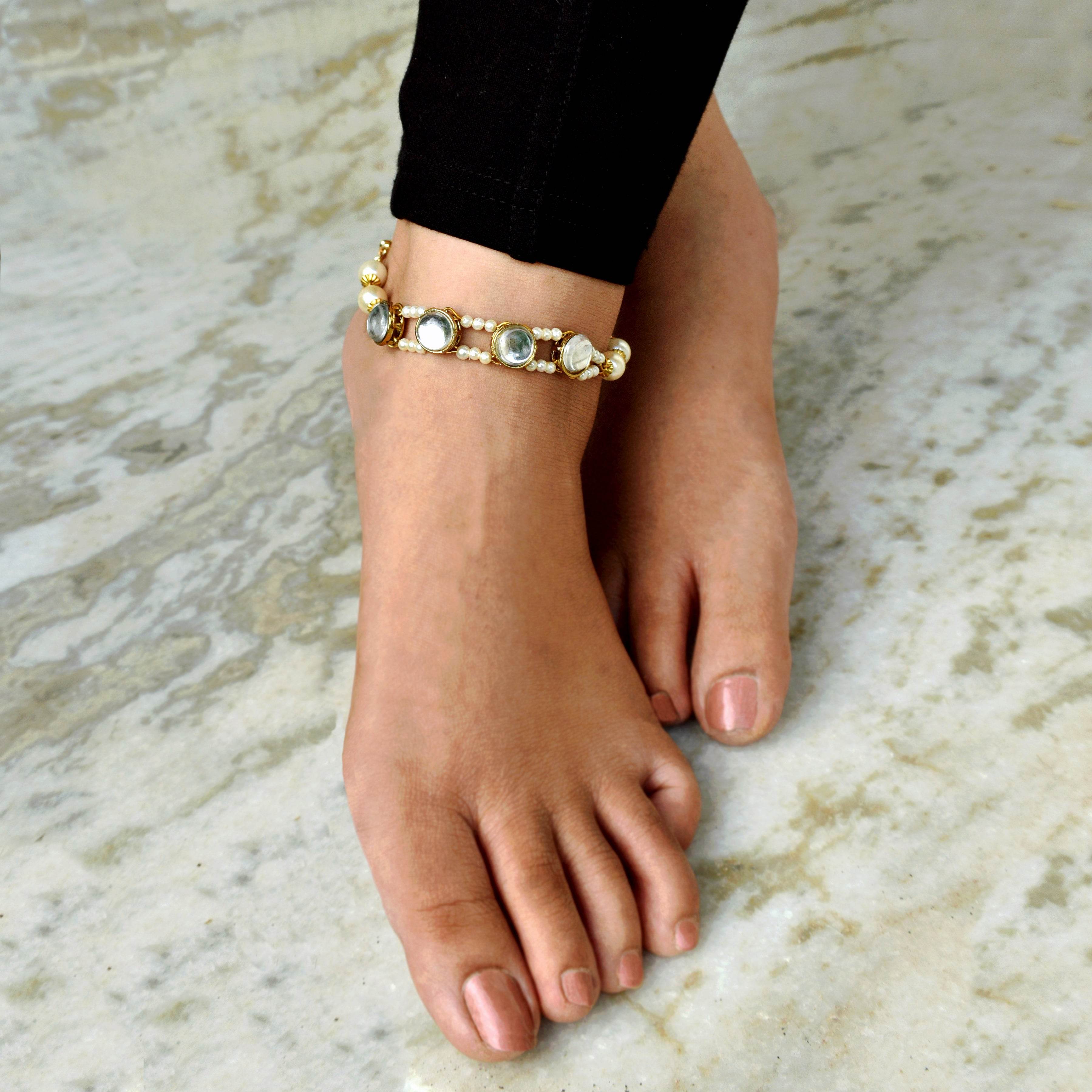 white glass kundan bar anklet