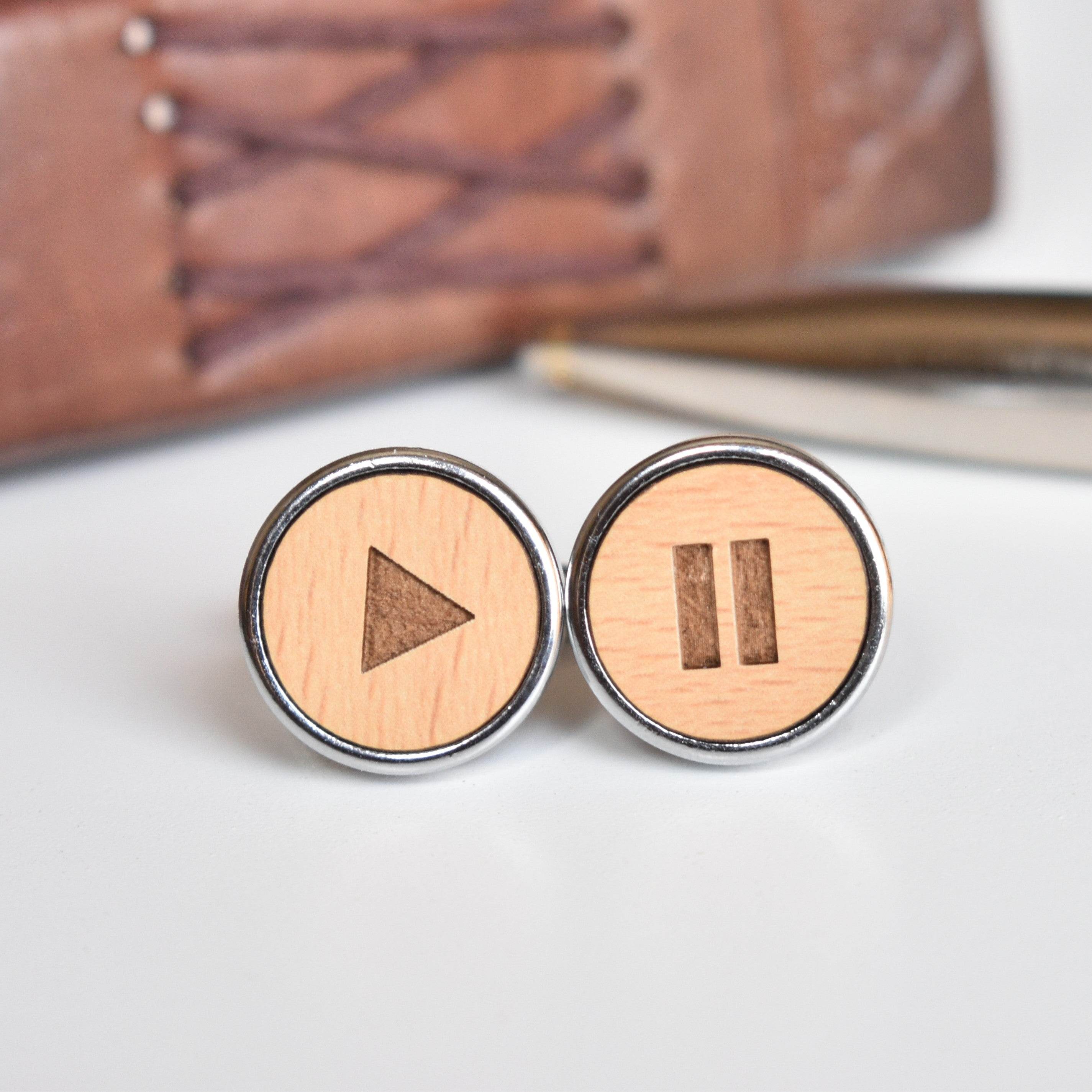 Wooden Quirky Play Pause Chrome Cufflinks (CL002) - BeAbhika.com
