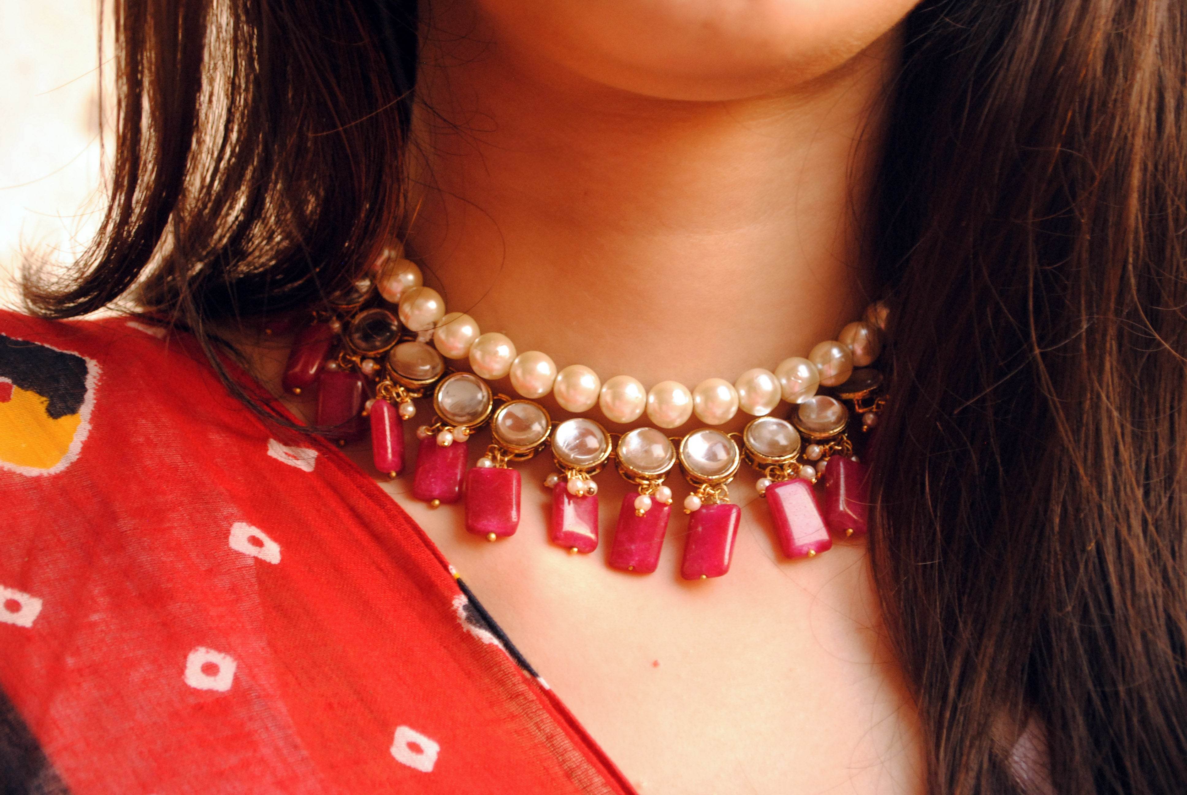 Kundan choker set in gold-tone with matching earrings and long bridal necklace, perfect for wedding functions , festive and bridal wear
