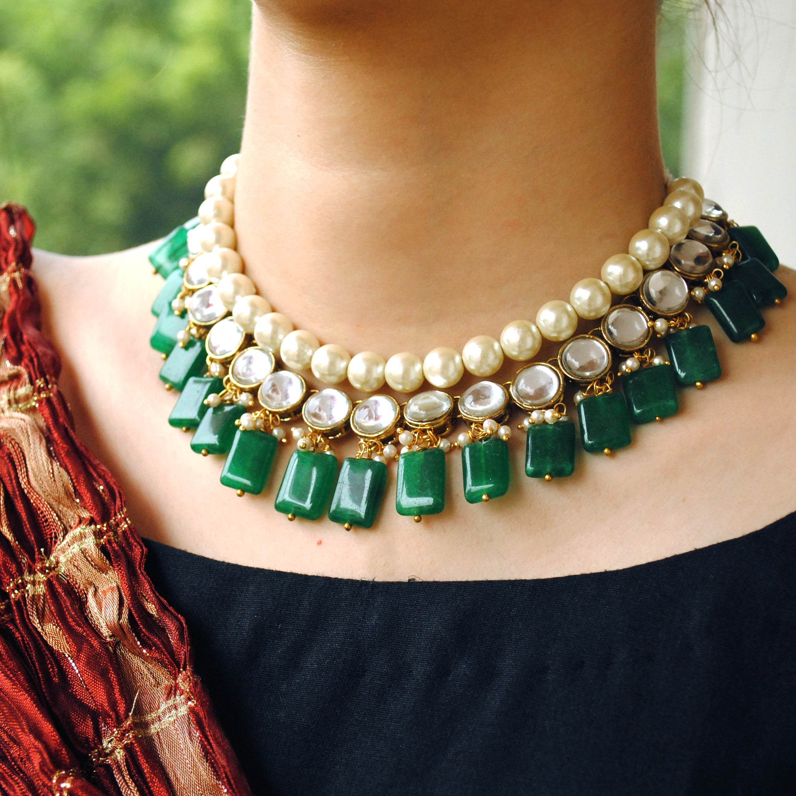 Kundan choker set in gold-tone with matching earrings and long bridal necklace, perfect for wedding functions , festive and bridal wear