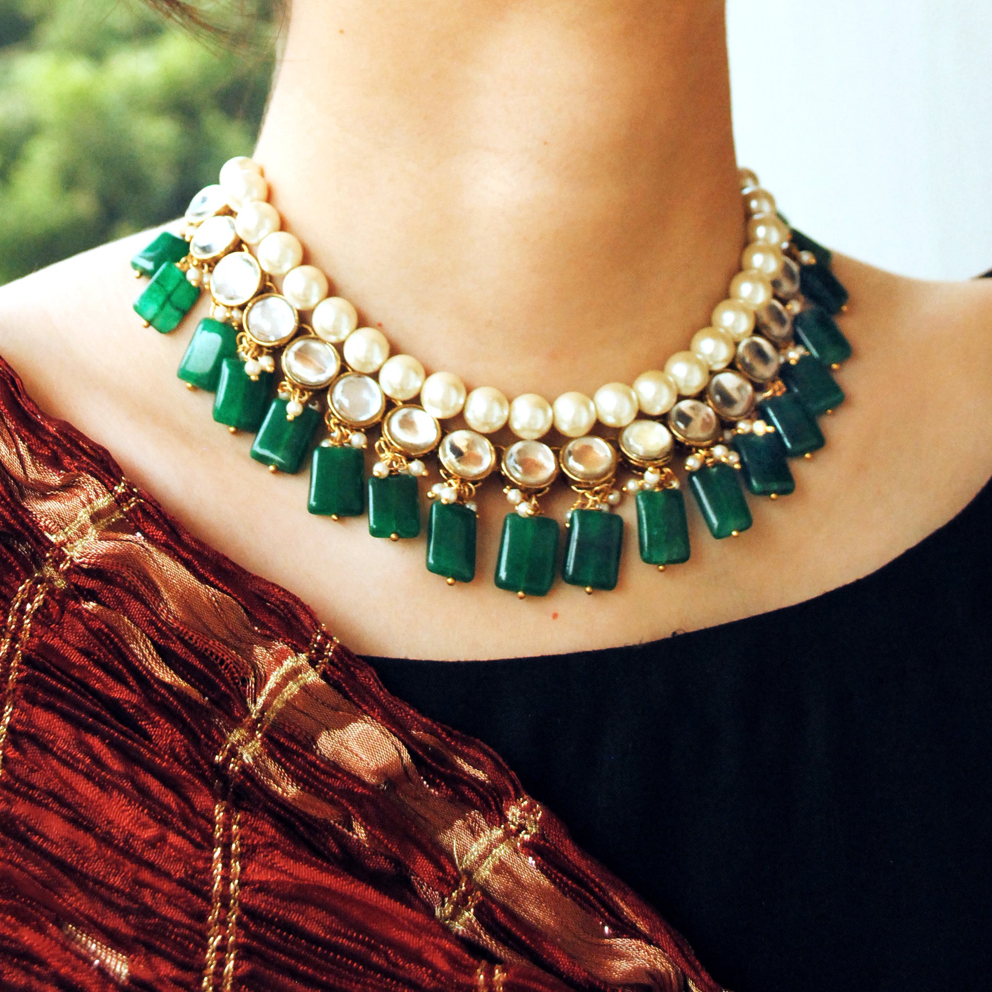 Kundan necklace sale with green stone