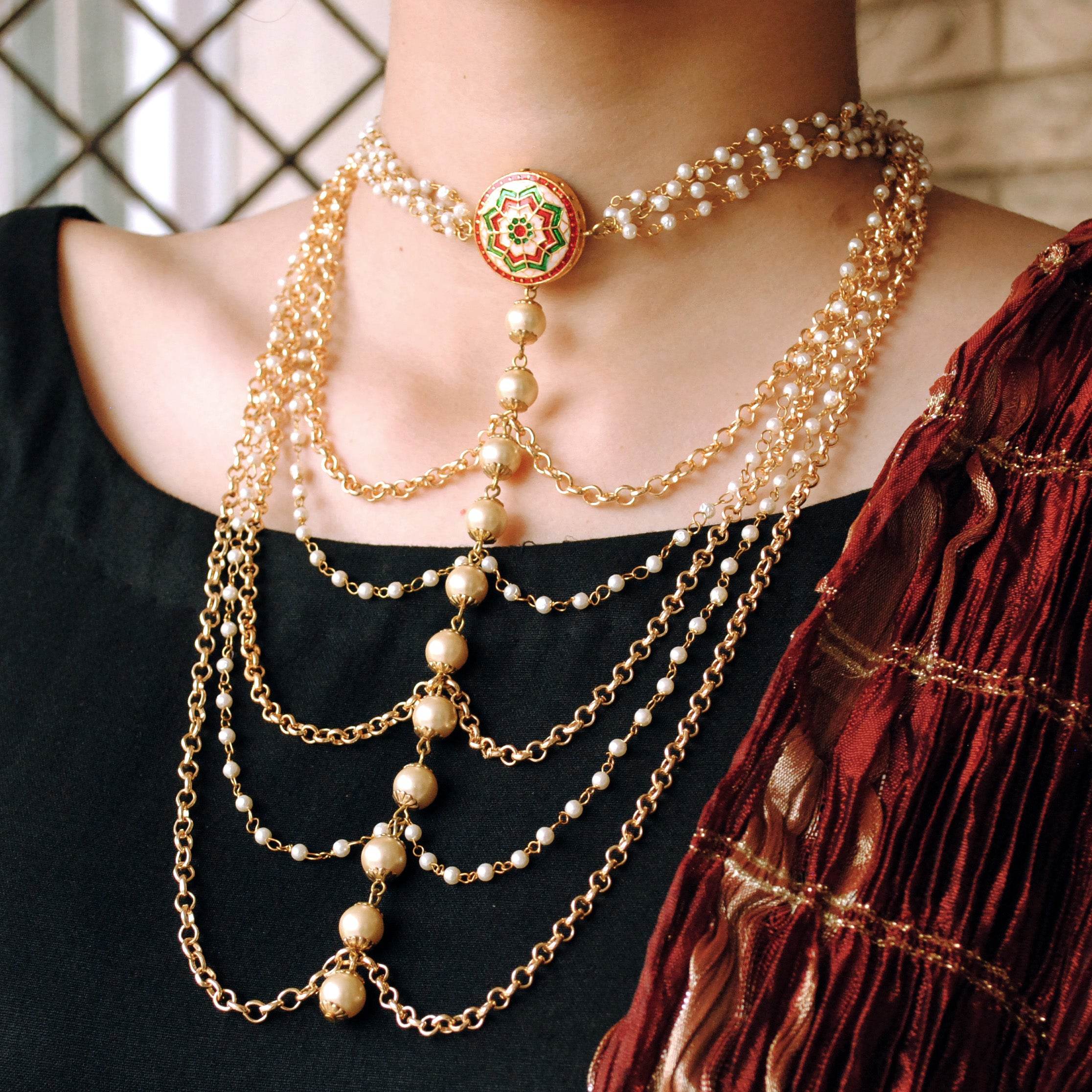 Kundan choker set in gold-tone with matching earrings and long bridal necklace, perfect for wedding functions , festive and bridal wear