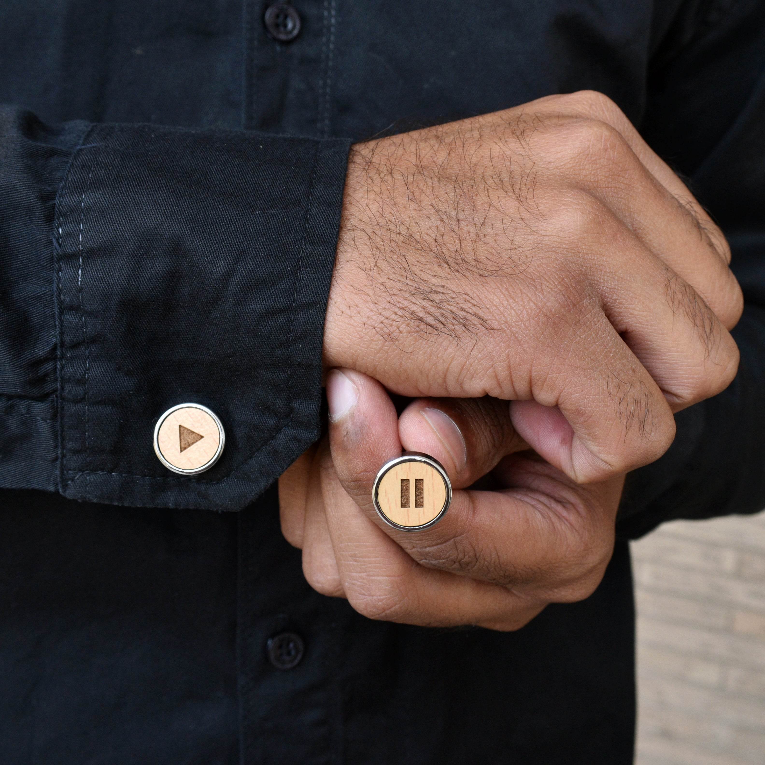 Wooden Quirky Play Pause Chrome Cufflinks (CL002) - BeAbhika.com