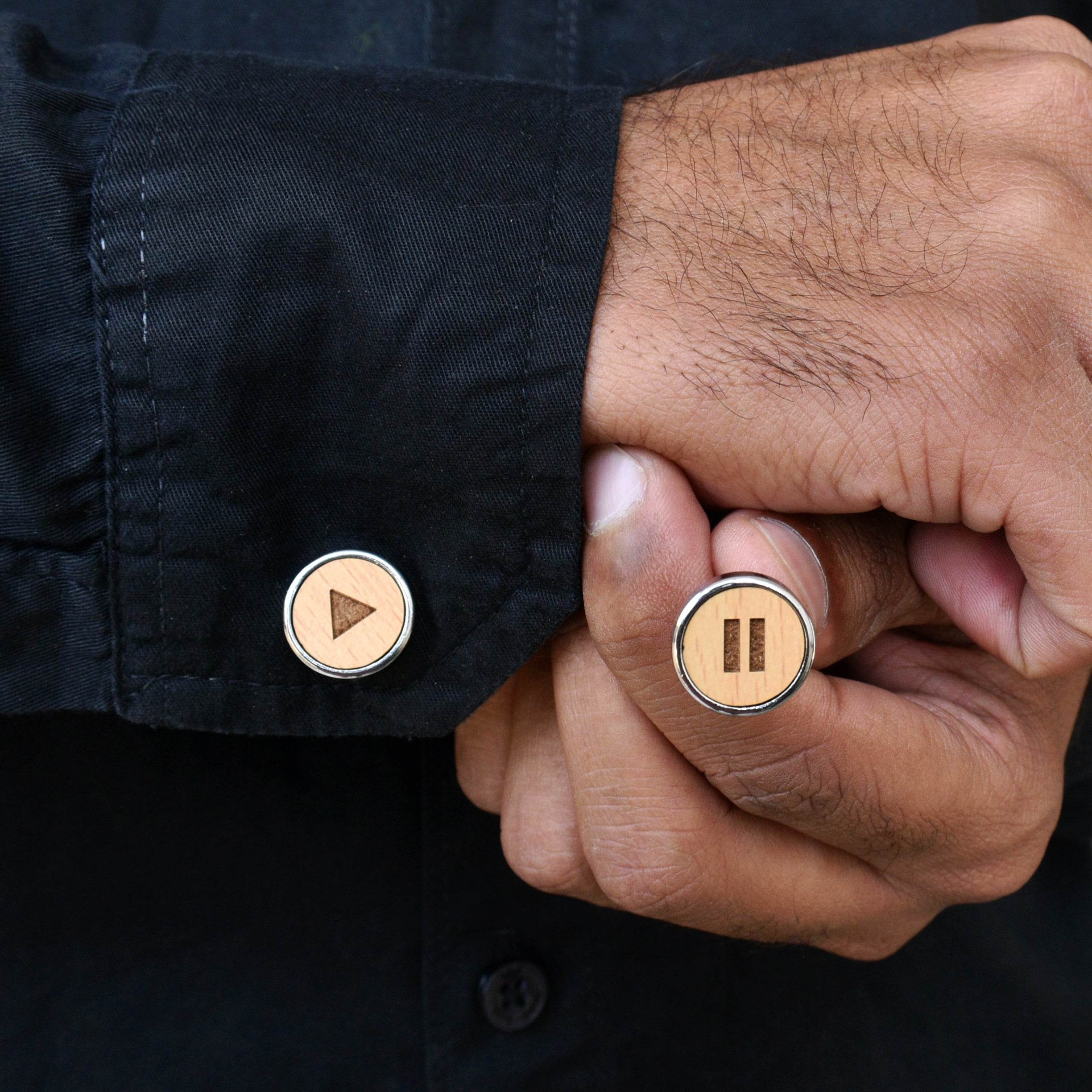 Wooden Quirky Play Pause Chrome Cufflinks (CL002) - BeAbhika.com