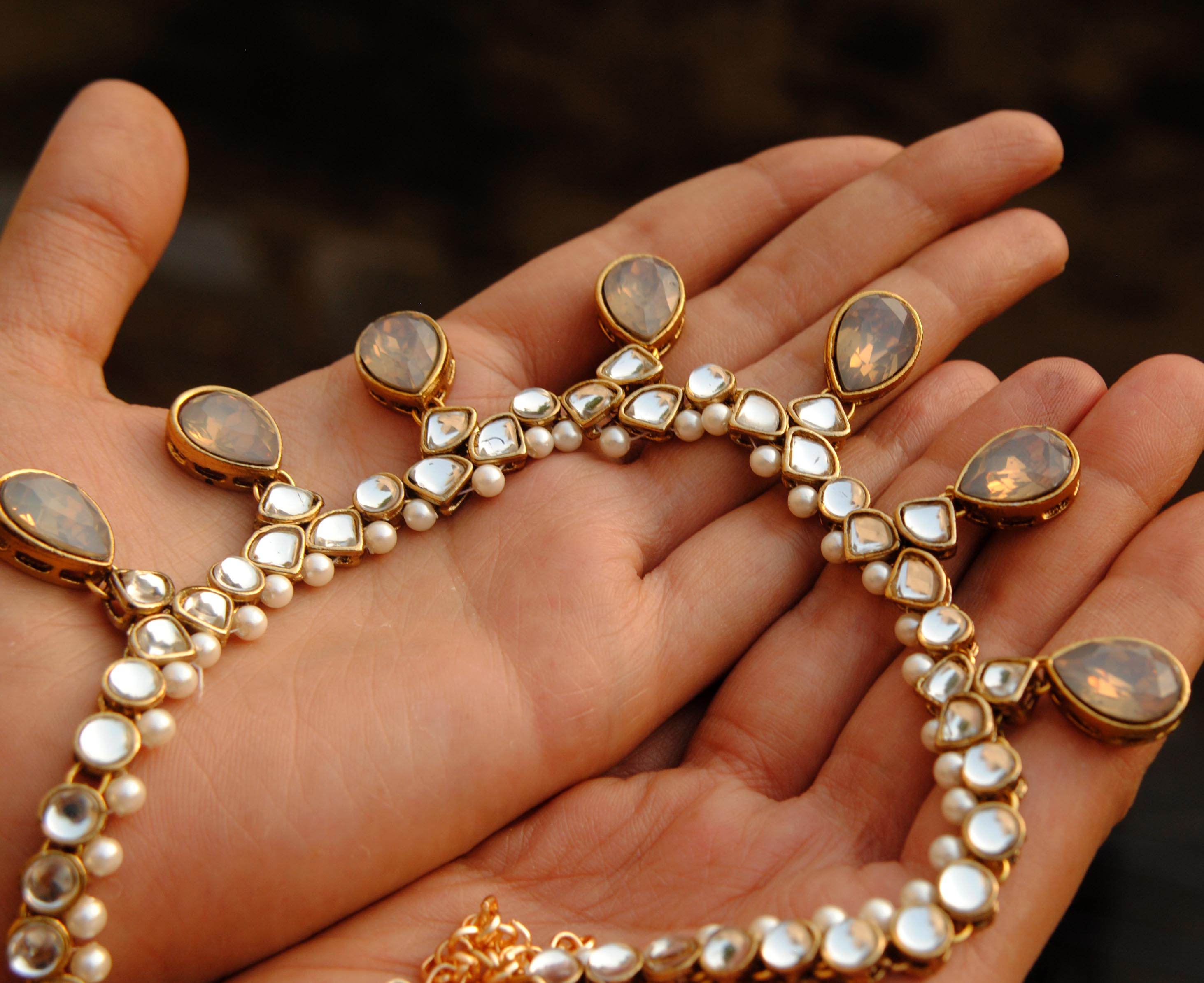 Kundan choker set in gold-tone with matching earrings and long bridal necklace, perfect for wedding functions , festive and bridal wear Gray Necklace