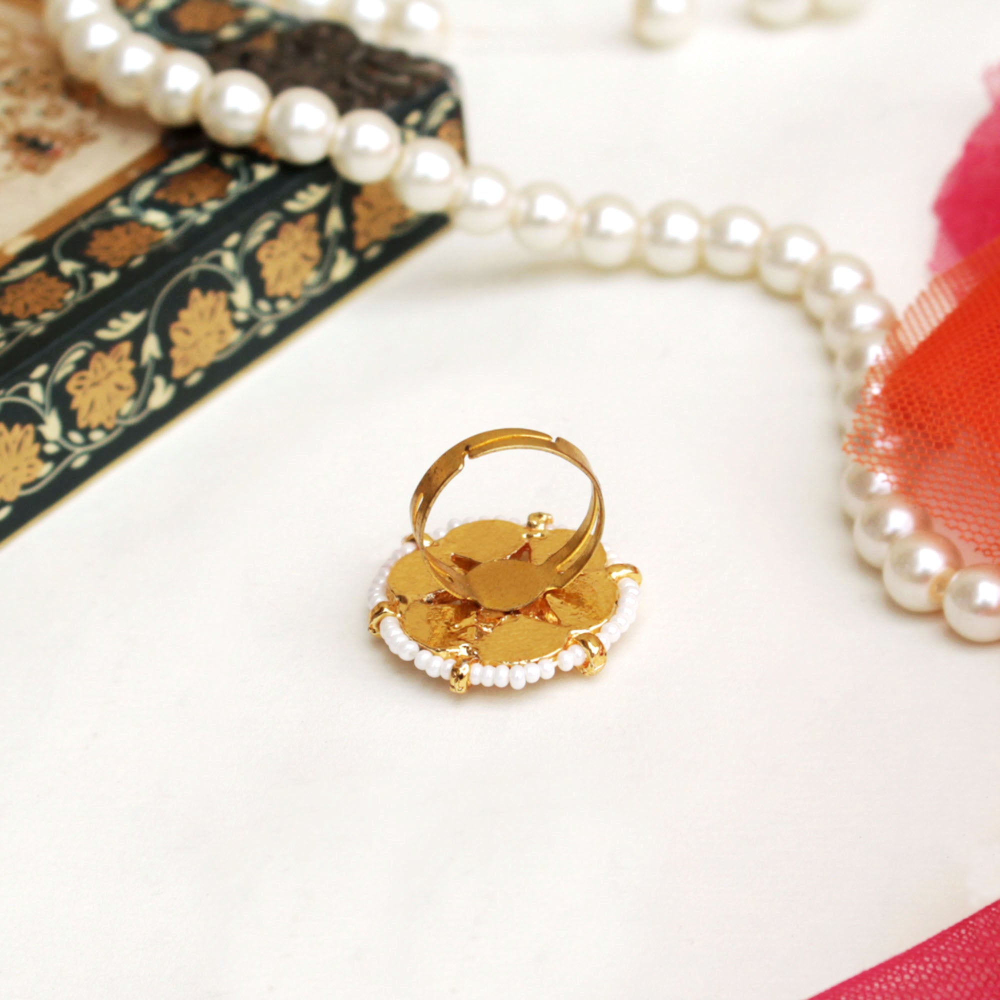 glass kundan stud faux pearls adjustable ring