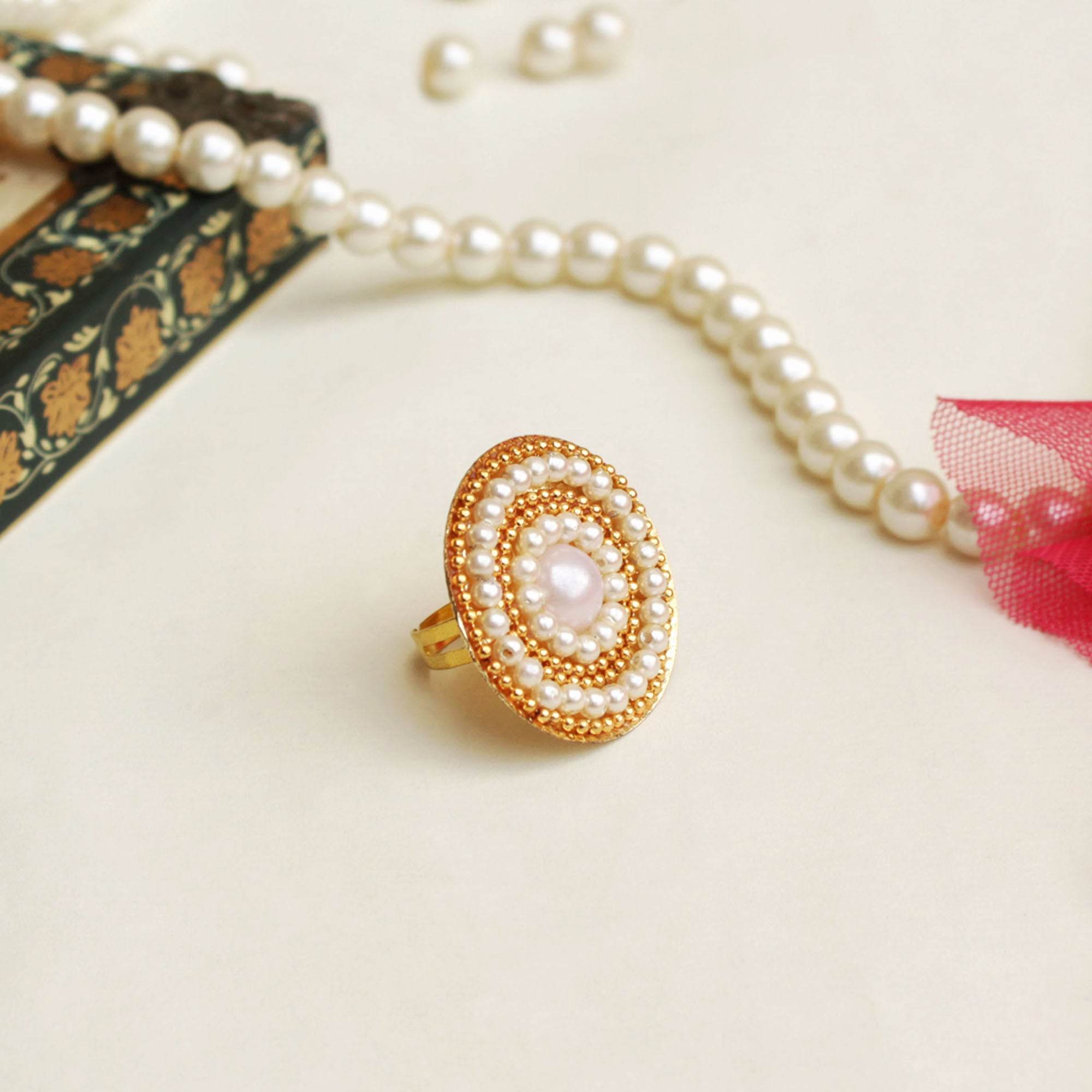 faux pearls adjustable ring
