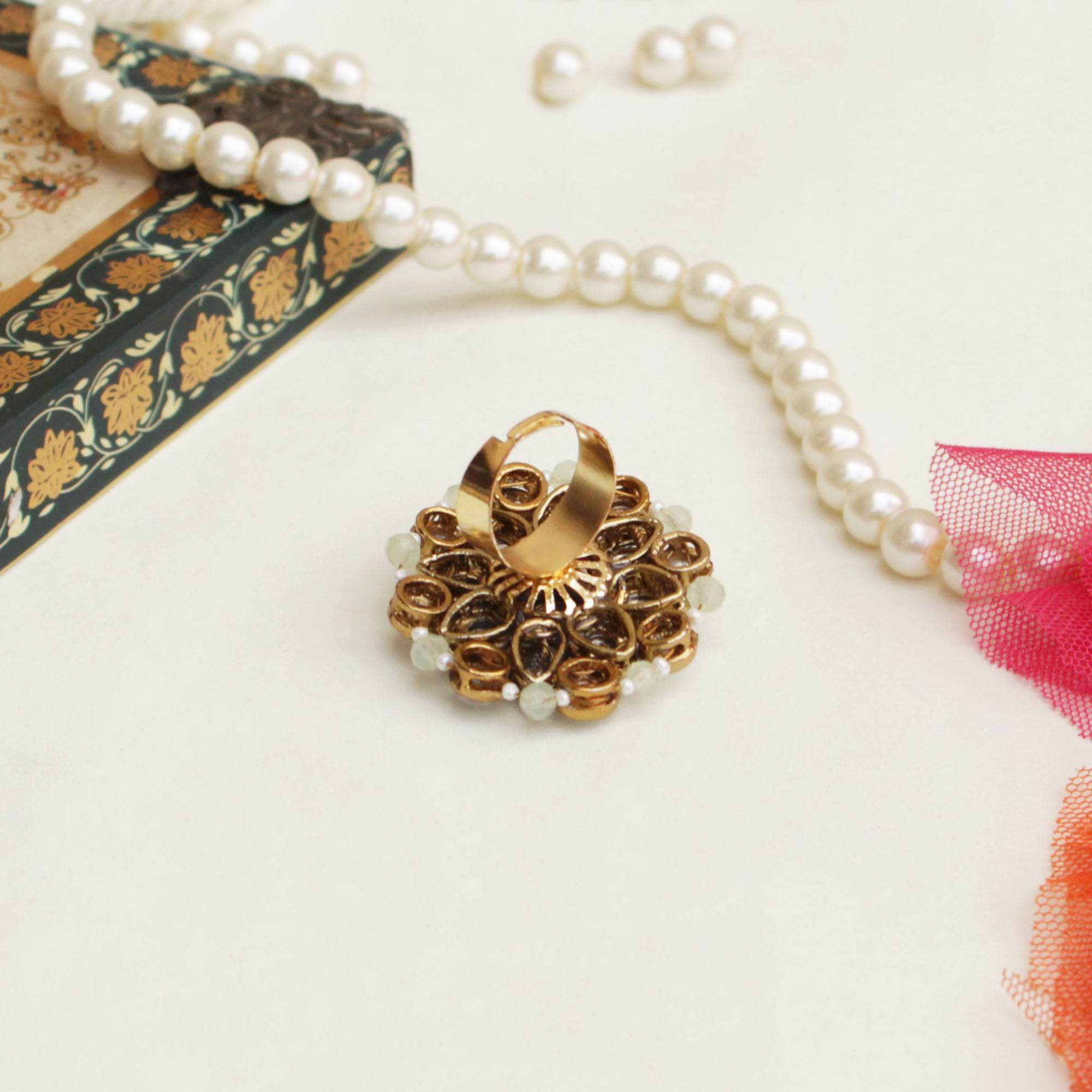 green glass kundan fuax pearl adjustable ring