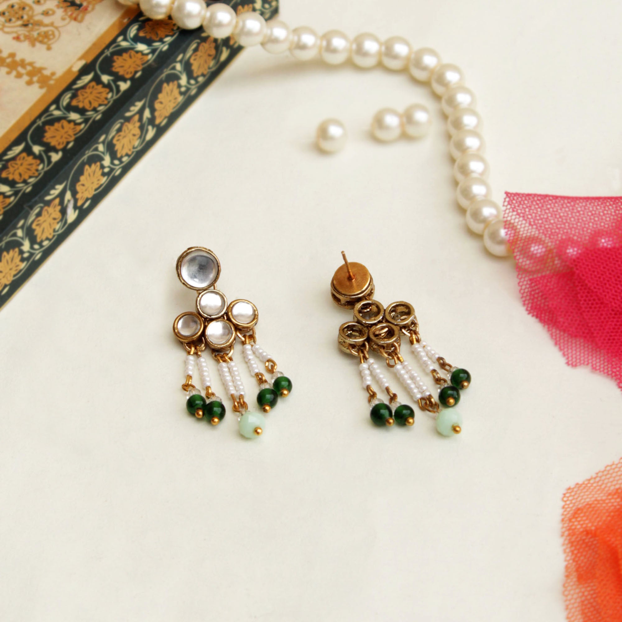 green glass beads drop kundan earrings
