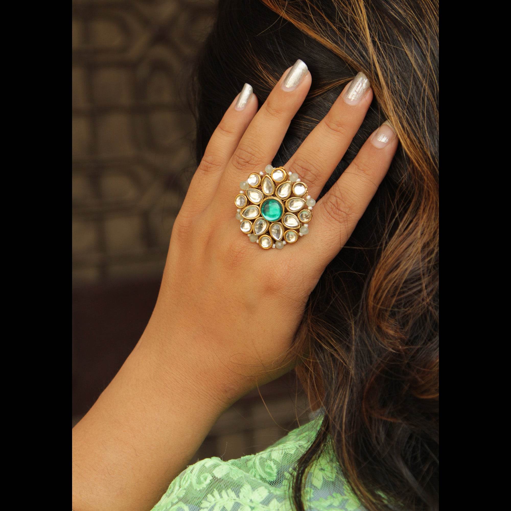 green glass kundan fuax pearl adjustable ring