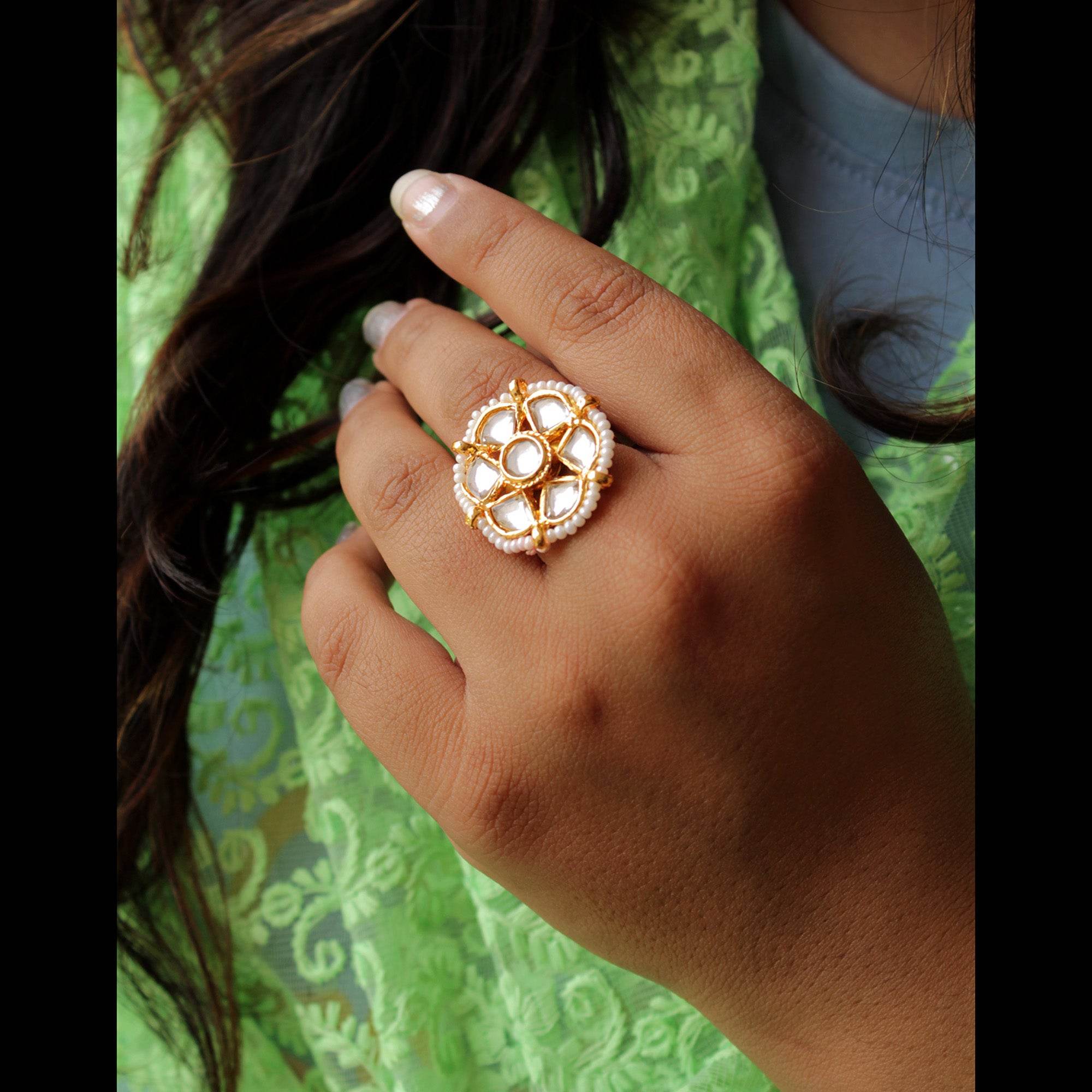glass kundan stud faux pearls adjustable ring