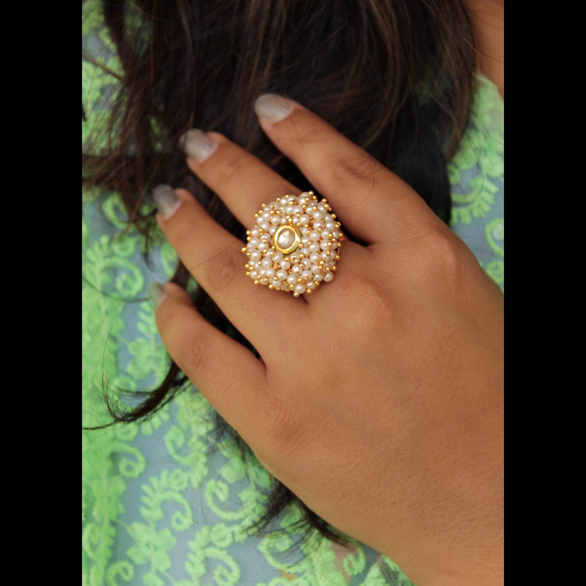 white glass kundan white pearls adjustable ring