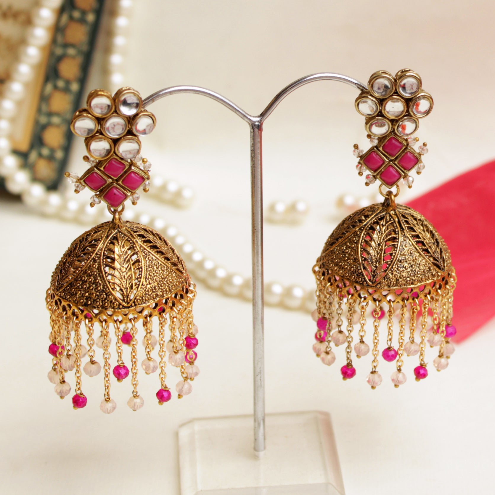 Gulabi Kundan Jhumki Earrings