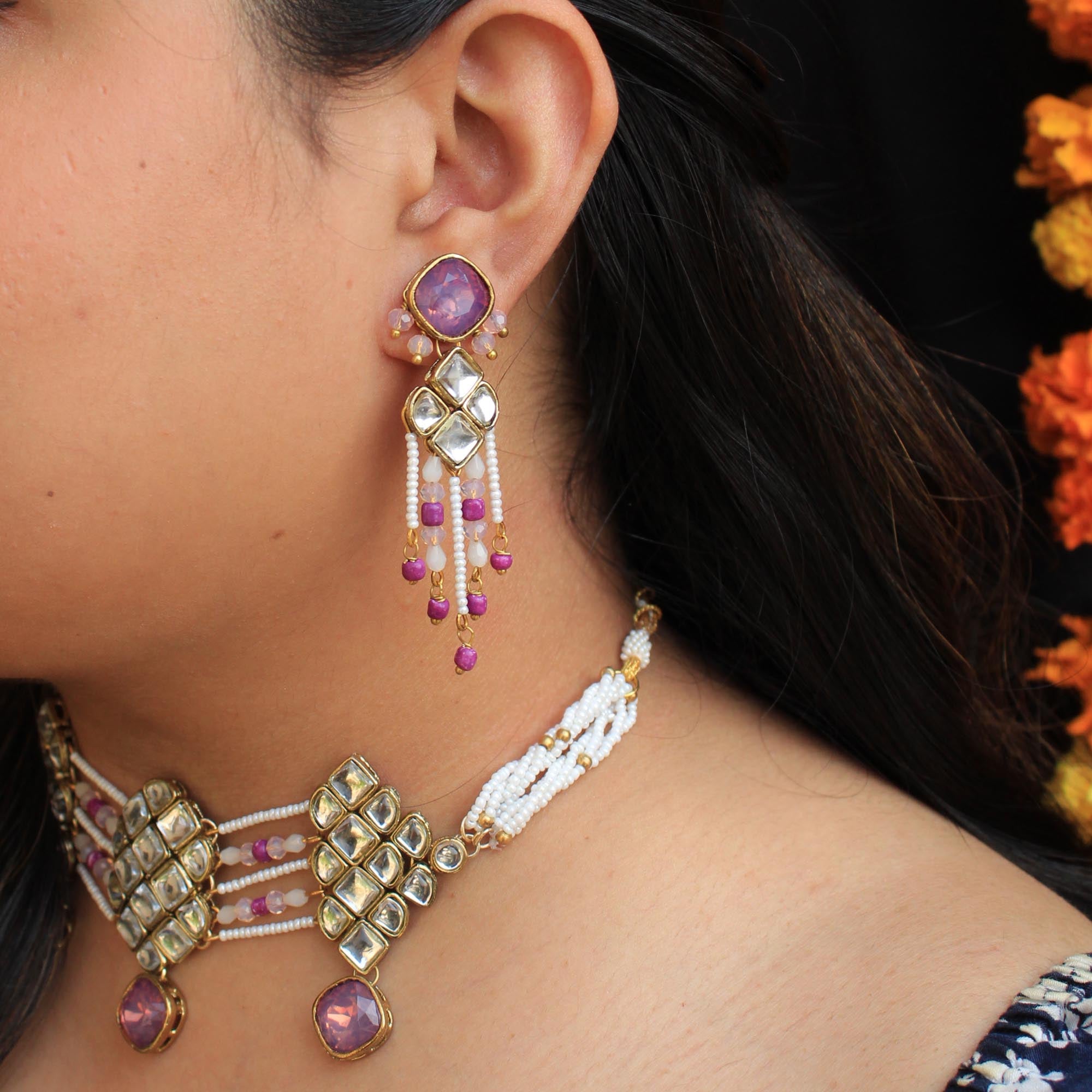 Beabhika Purple Kundan Earrings White Beads Traditional Earrings Designer Kundan Ear Studs Daily Wear Office Wear Party Wear Function Jewelry Fashion Earrings Online Cash On Delivery 