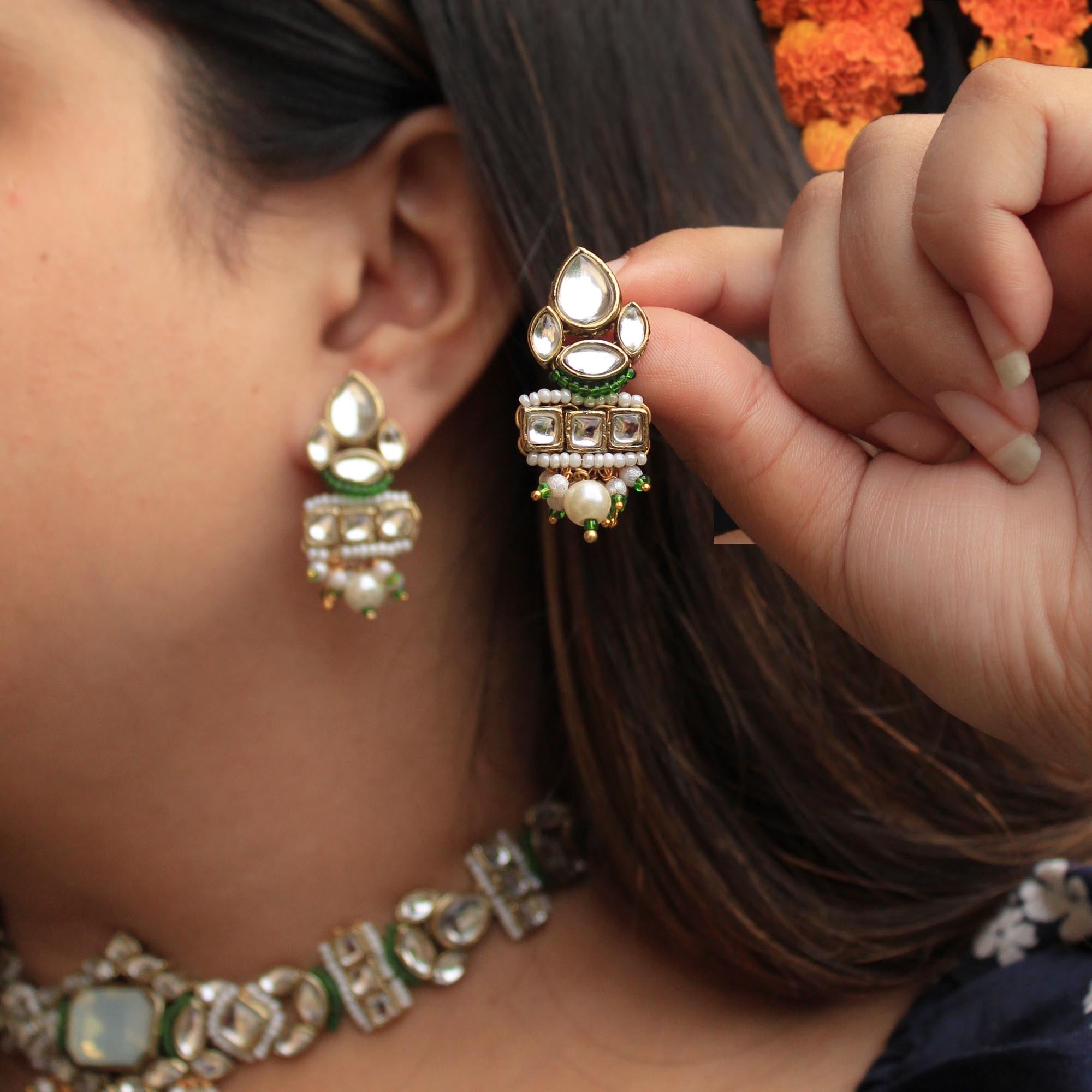 Beabhika Handmade Green Artificial Jewelry Kundan Earrings Golden Earrings Earrings With Pearls Kundan Wedding Jewelry Trendy Earrings Daily Wear Party Wear Traditional Ethnic Dress Jewelry Earrings Bridal Jewelry Set Online Cash On Delivery