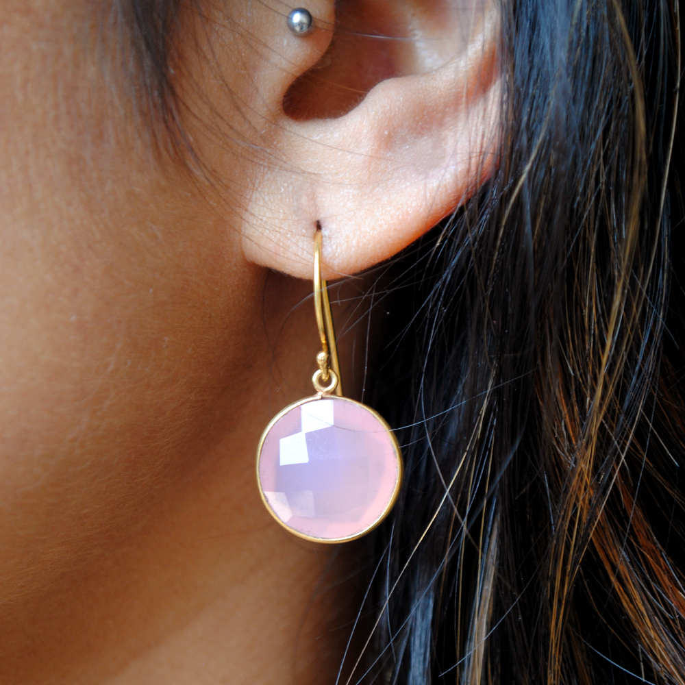 Round Pink Chalcedony 18K Gold Plated Silver Earrings