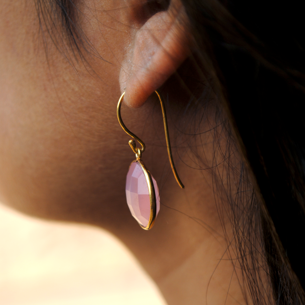 Round Pink Chalcedony 18K Gold Plated Silver Earrings