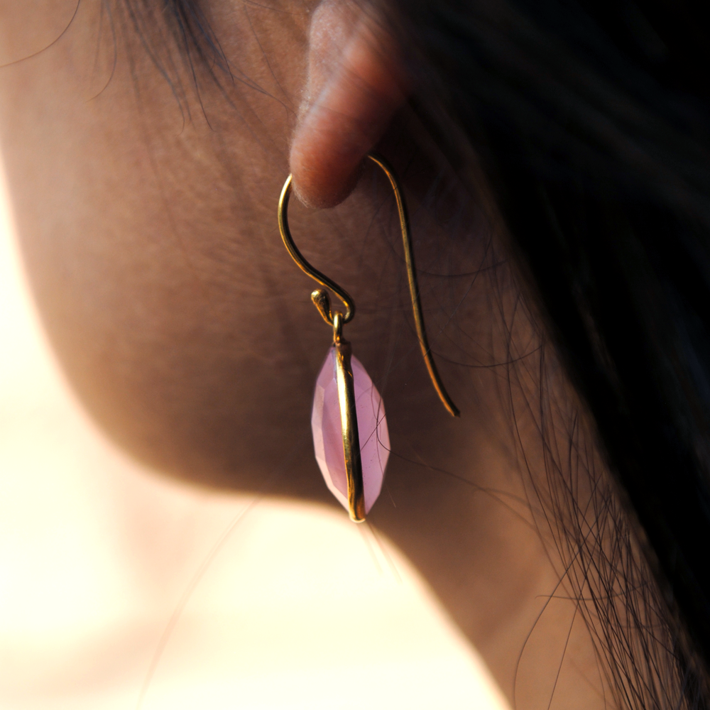 Round Pink Chalcedony 18K Gold Plated Silver Earrings